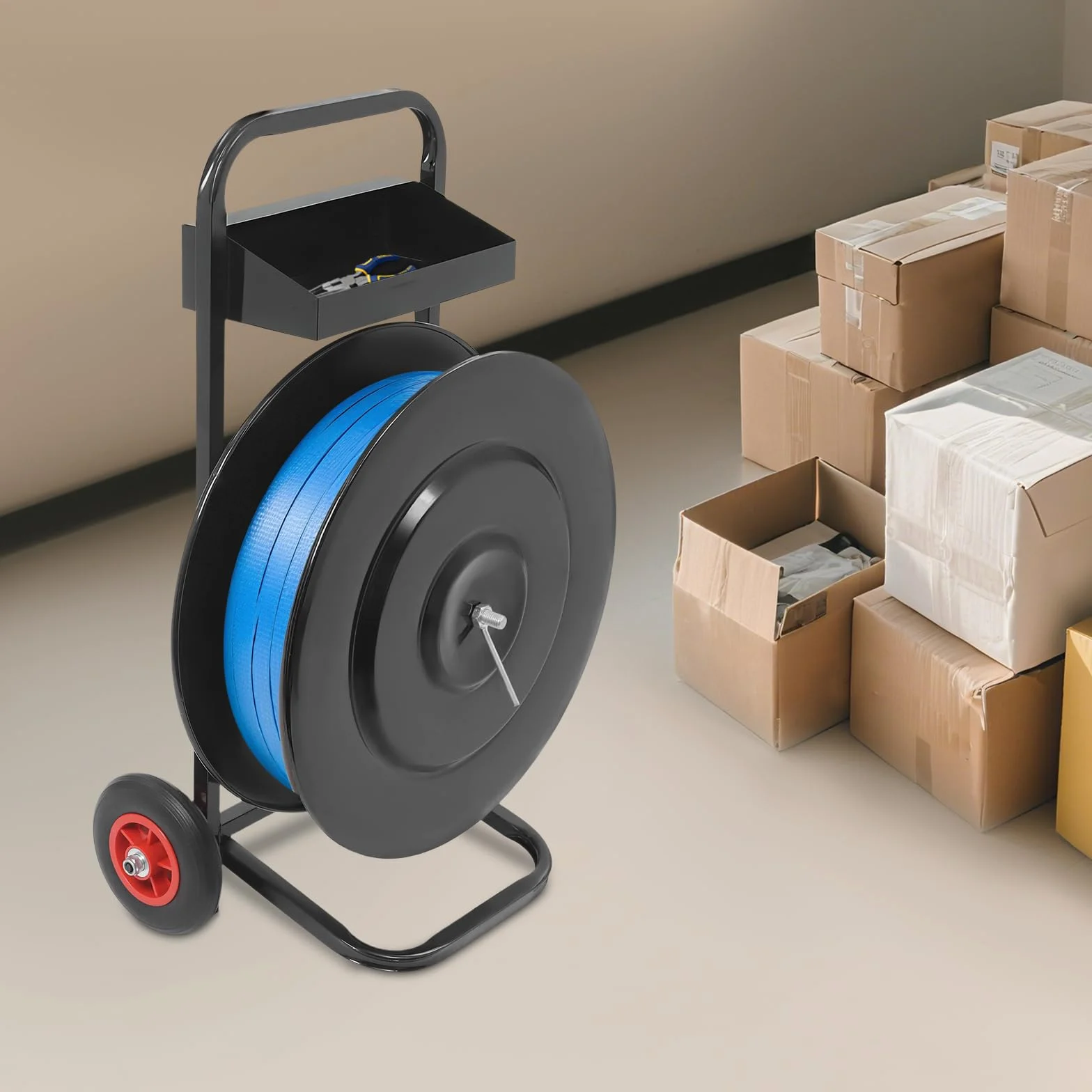 Carro para flejado, dispensador de flejes móvil y carro de flejes pesados con bandejas de almacenamiento, ruedas de hasta 80 kg, para cinta PP (200 mm/400 mm de diámetro interior)