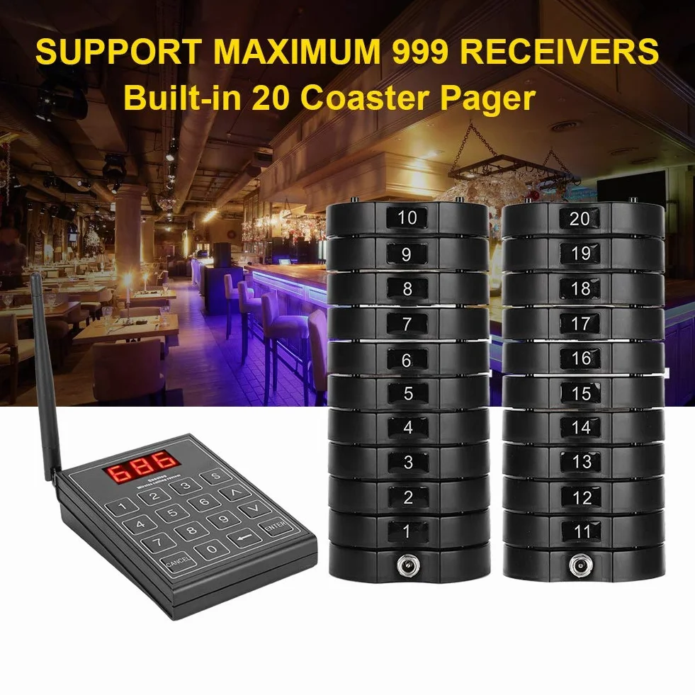 de Llamadas inalámbricas para Llamadas de Clientes de buscapersonas de Restaurante para camareros con 1 remitente con Teclado + buscapersonas de 20 Posavasos(Negro)