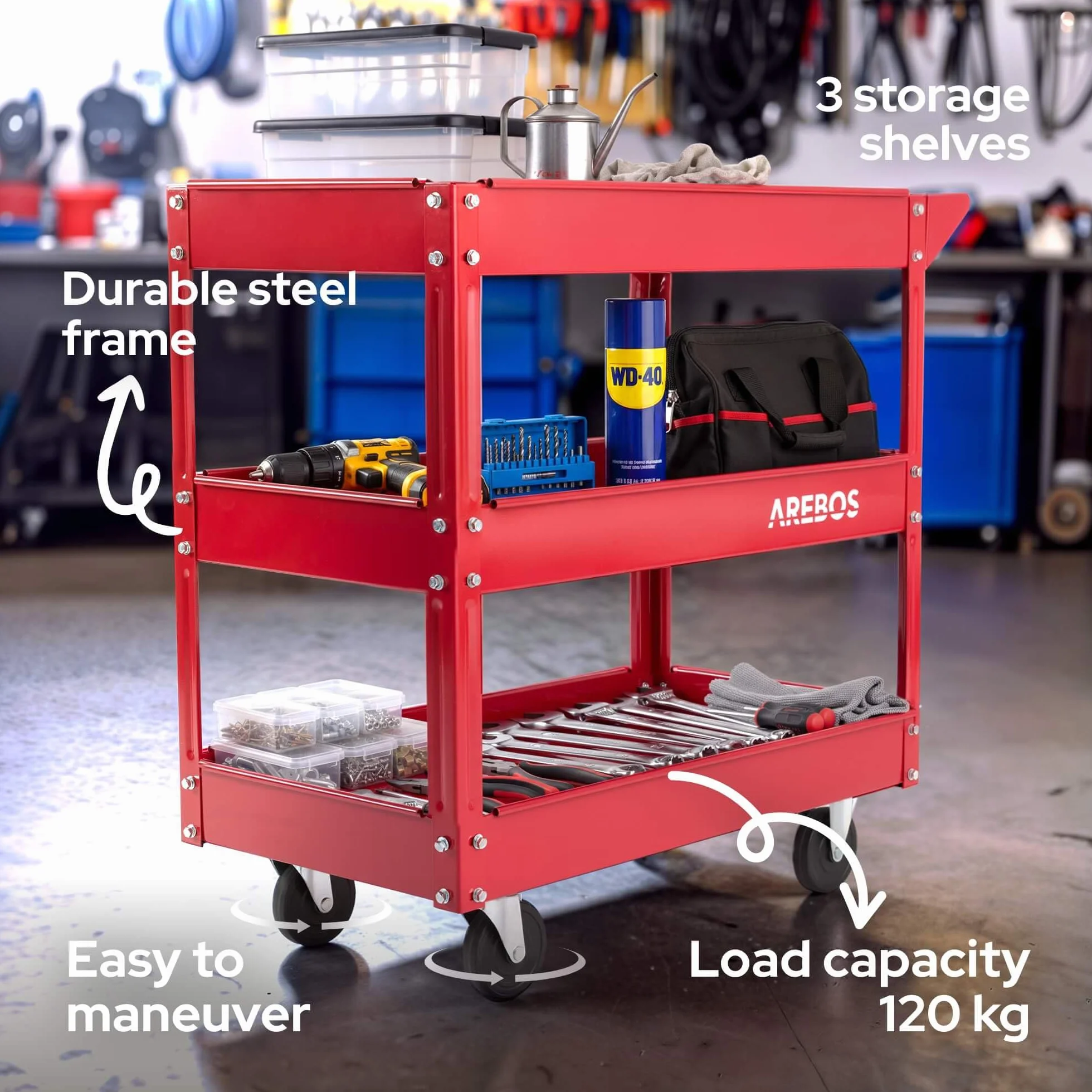 Arebos Juego de 2 Carros de Taller con 3 Estantes | Estructura de Acero Robusta | Capacidad hasta 120 kg | Carro Móvil para Taller, Garaje y Bricolaje