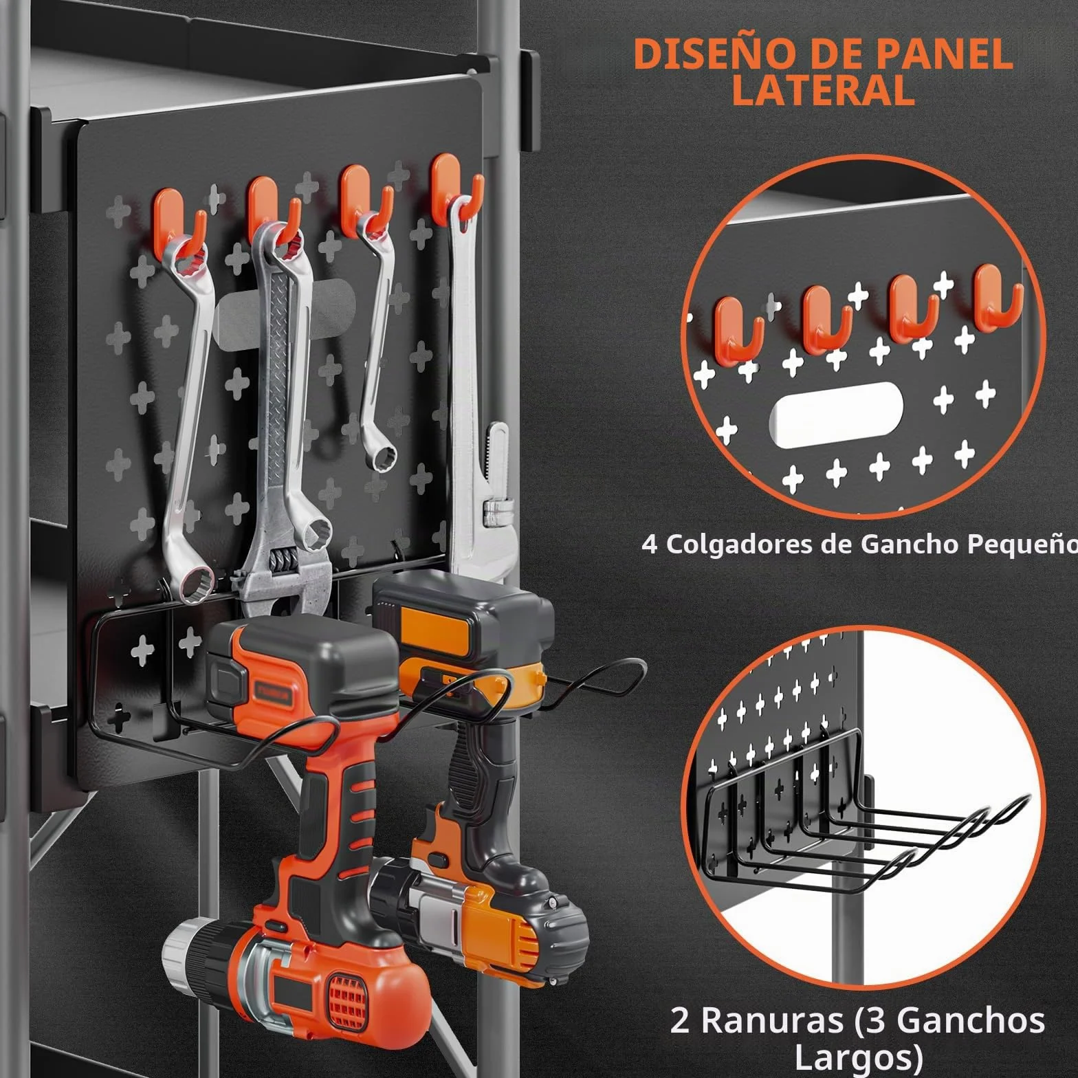 KINGRACK Carro de Herramientas con Ruedas de 3 Estantes y Mango Ergonómico, Carro de Servicio Plegable, Carro Auxiliar Taller Organizador con Placas Colgantes para Hogar Oficina Garaje Almacén, Negro