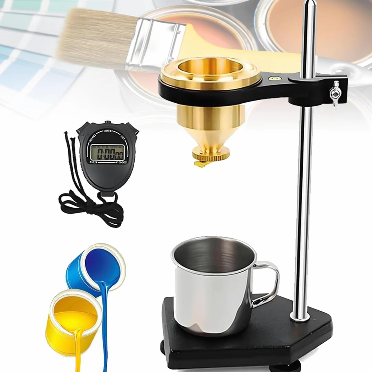 Viscosímetro Flow Cup con soporte ajustable y cronómetro para pruebas precisas de viscosidad en revestimientos, tintas y adhesivos