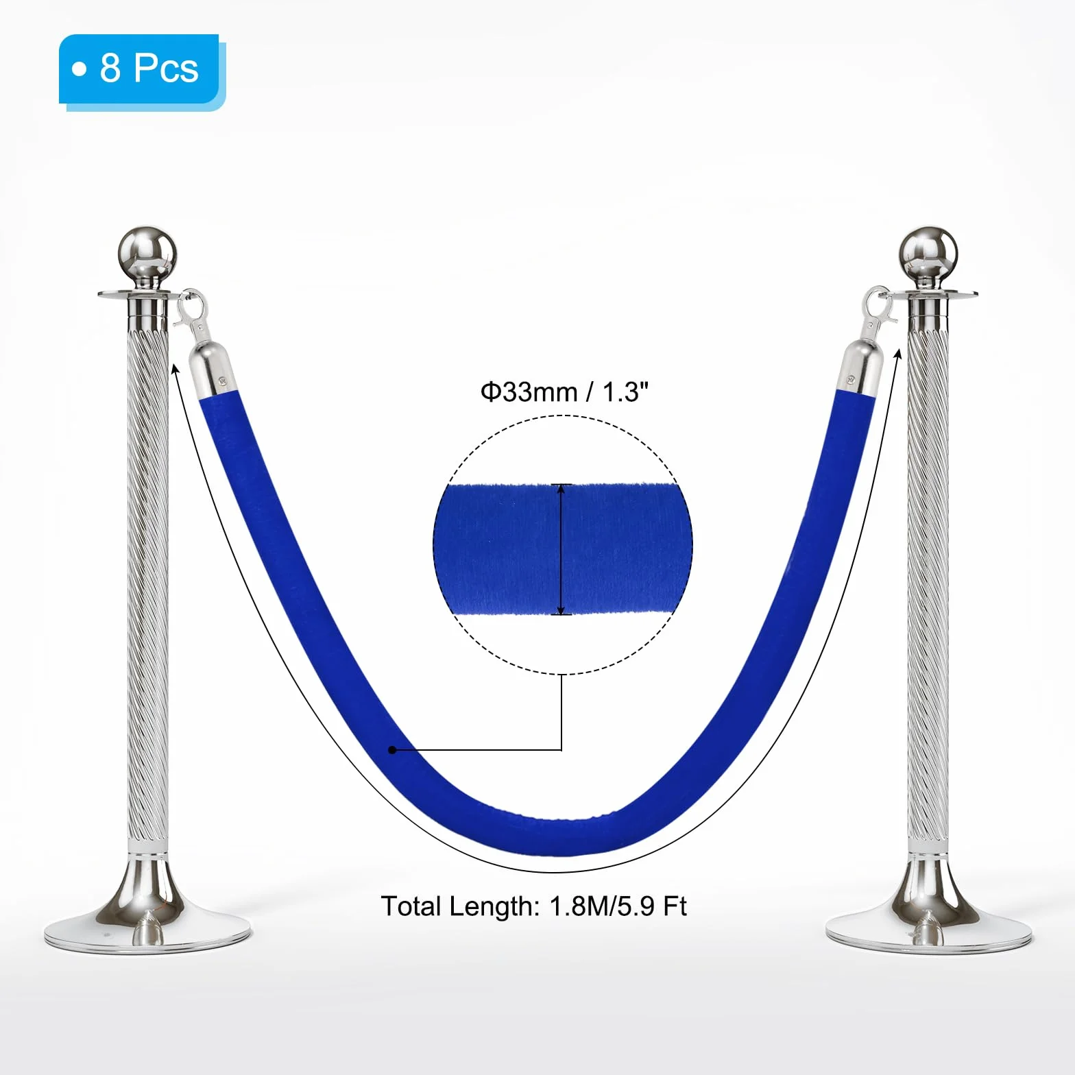 PATIKIL 8 Unidades Cuerda De Terciopelo Azul Para Postes De 6 Pies Cuerda De Barrera Para Control De Multitudes Con Ganchos De Acero Inoxidable Plateados Para Eventos Con Alfombra