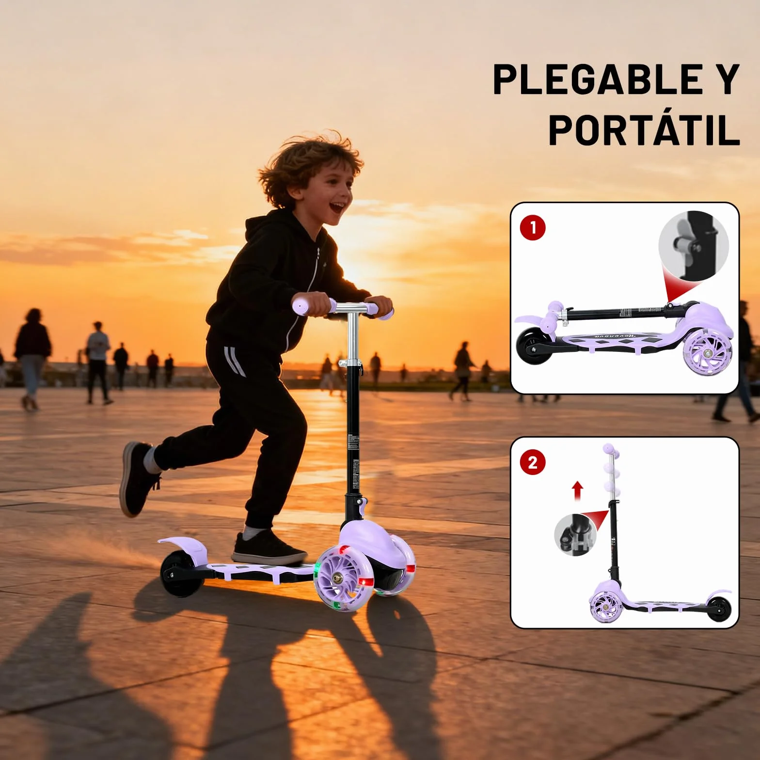 Patinete Scooter Plegable 3 Ruedas para Niños 2-5 Años, Manillar Ajustable 57-72cm, Luces y Freno Posterior, Máx. 50kg