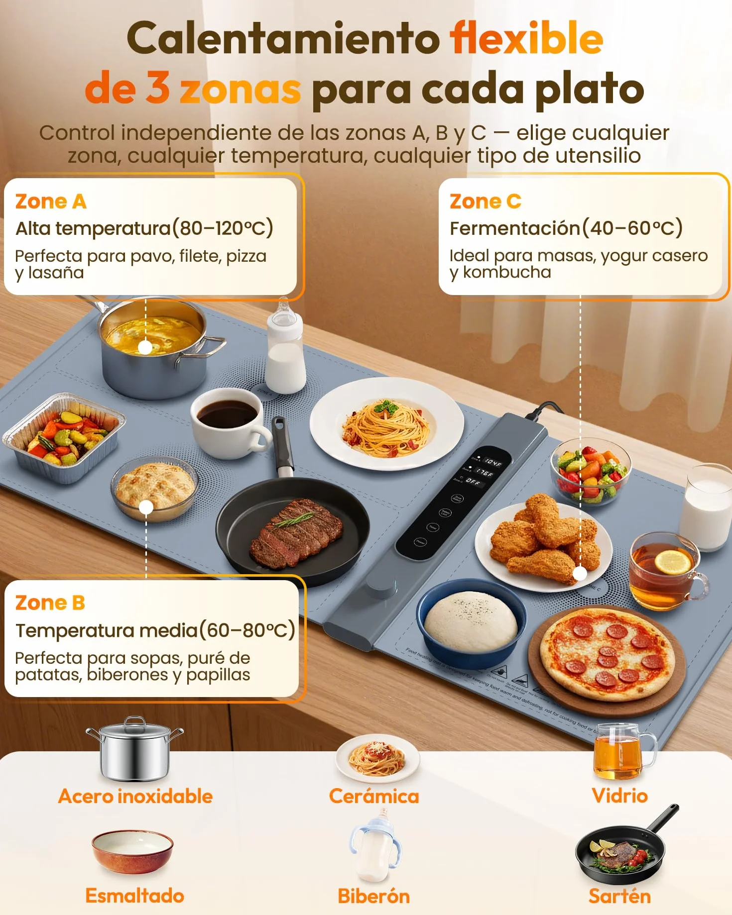 Bandeja de Calentamiento de Silicona 101×43 Cm 3 Zonas 17 Temperatura 1-6 Horas Eléctrica Comida Buffet
