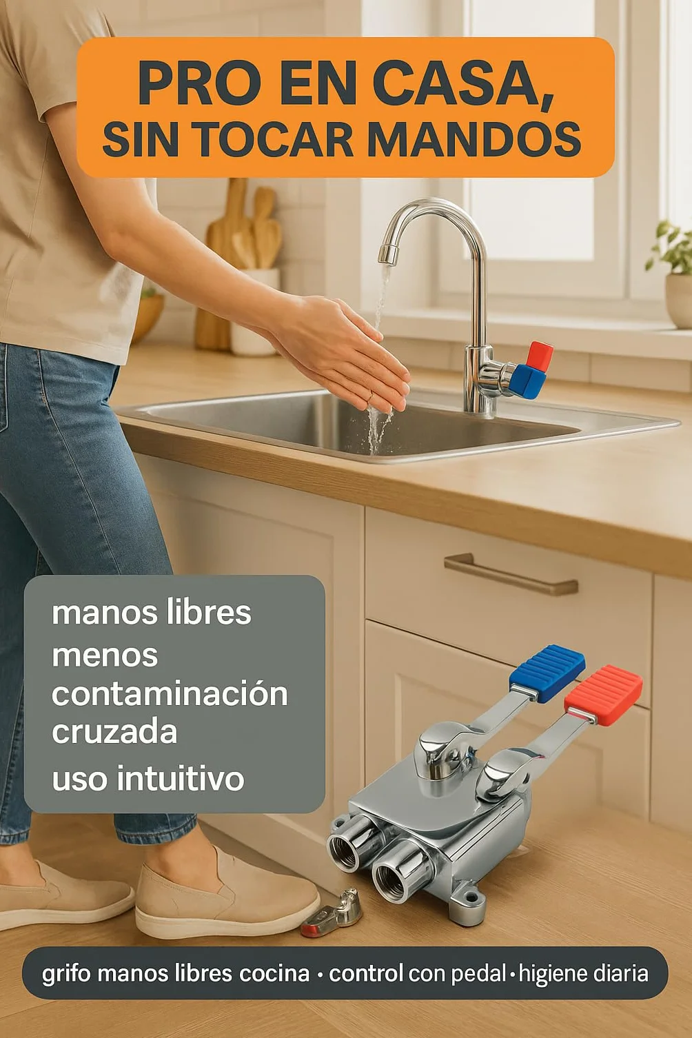 RO Linea Blanca ® Grifo Pedal Doble Mezclador Para Fregadero Agua Fria Y Caliente Acero Inoxidable Entradas Y Salida 1 2 Hembra Montaje En Suelo Bajo Fregadero Ahorro Agua Manos Libres Hosteleria