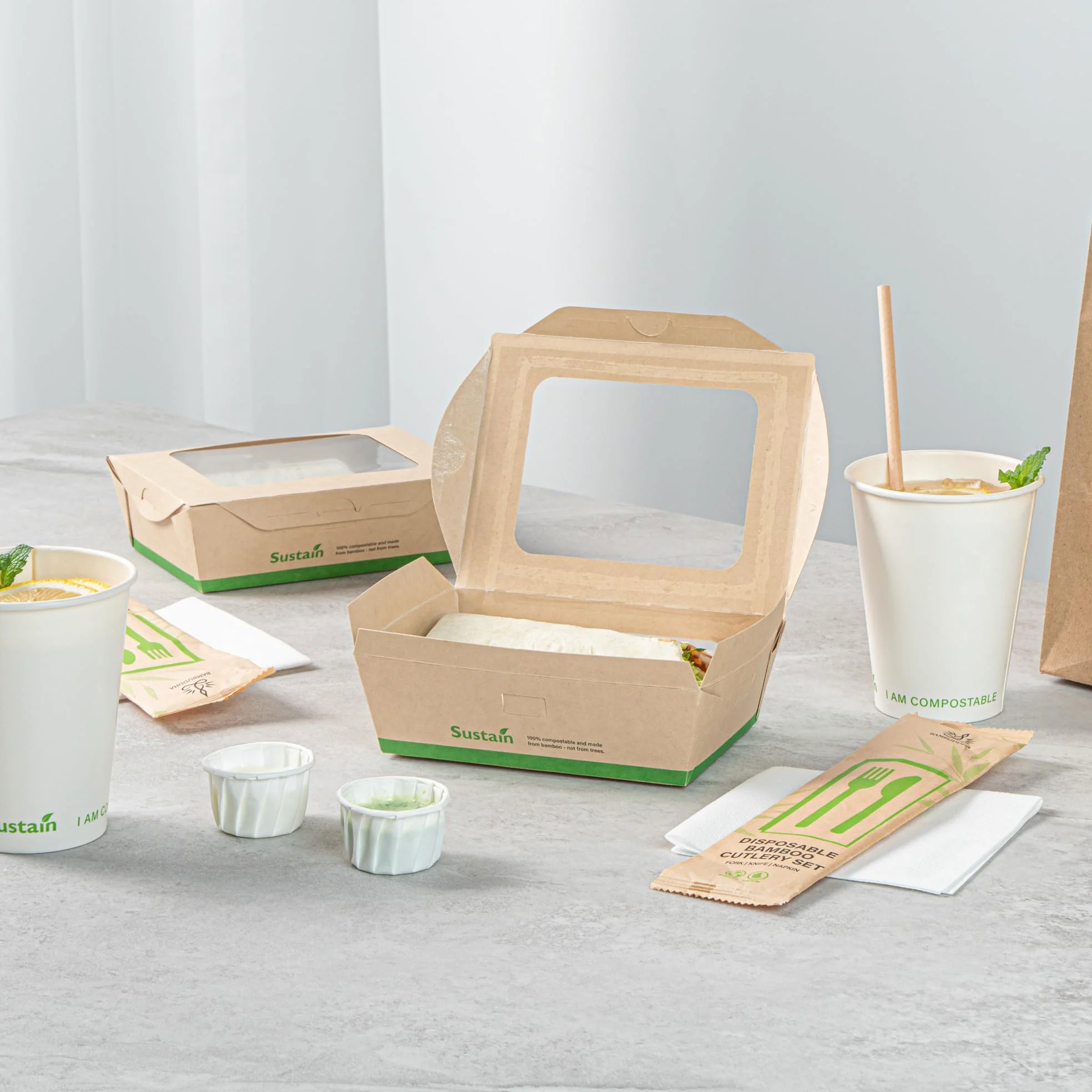 Restaurantware - Cajas de papel resistentes de 28 onzas, 50 recipientes desechables para alimentos, con forro de ácido poliláctico, dos ventanas transparentes de ácido poliláctico, contenedores de