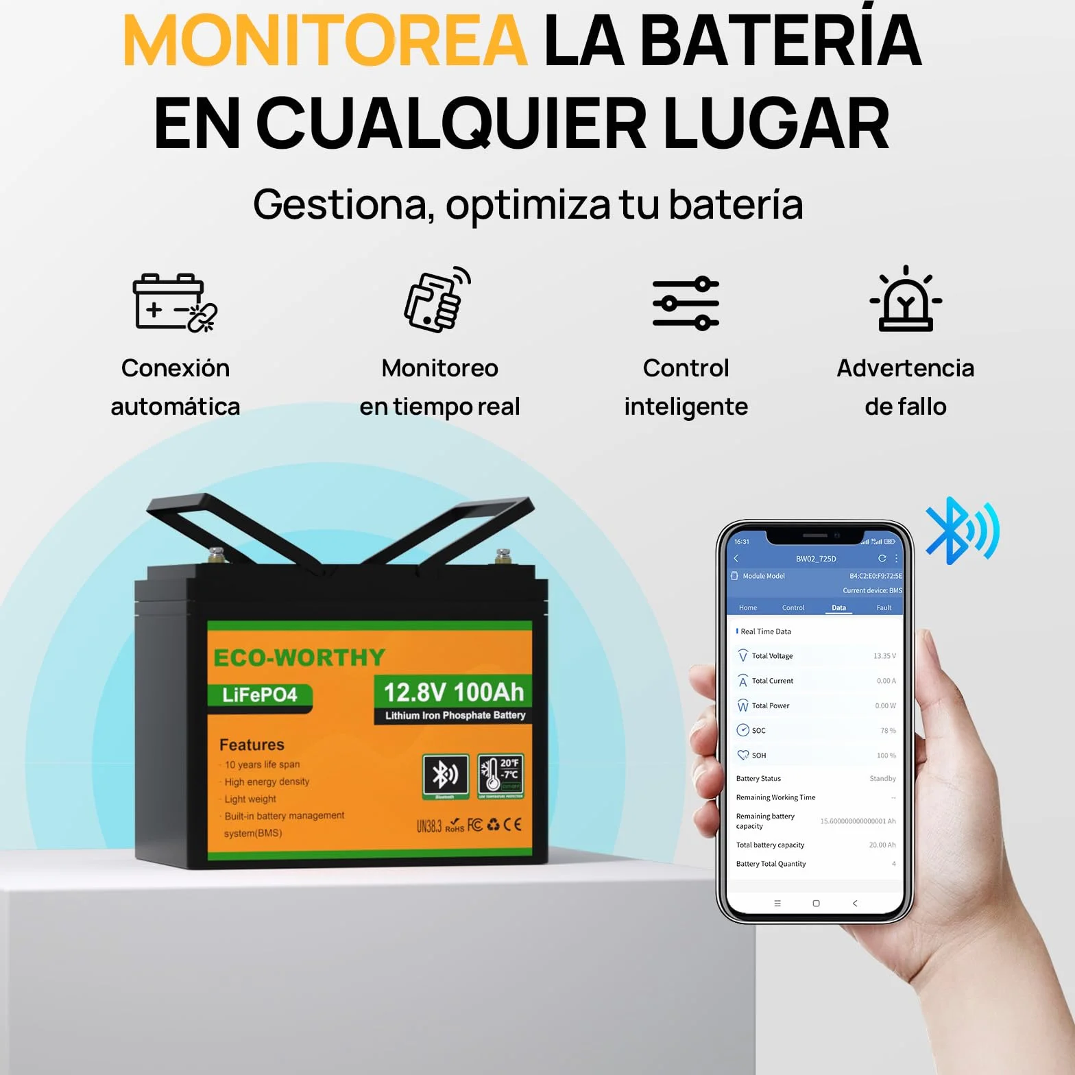 ECO-WORTHY Lifepo4 100AH bluetooth sistema completo fuera de la red con kit 170W: placa solar 170W, bateria lifepo4 100AH bluetooth, PWM 30A, inversor onda pura 600W para autocaravanas, barcos