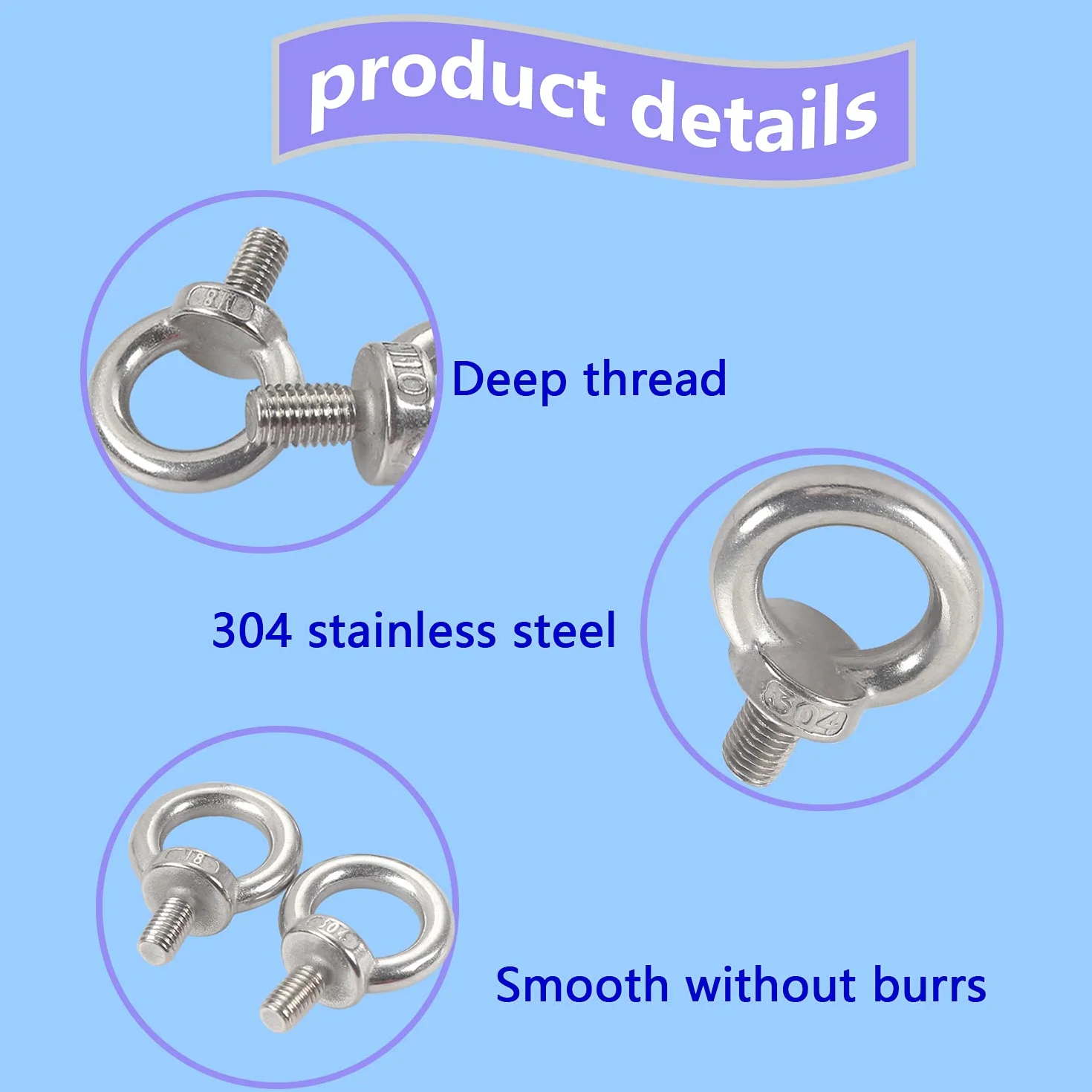 M10 * 18 304 tornillo de acero inoxidable Anillos Tornillos de cáncamo de elevación 2pcs Anillos cáncamos anillo roscado