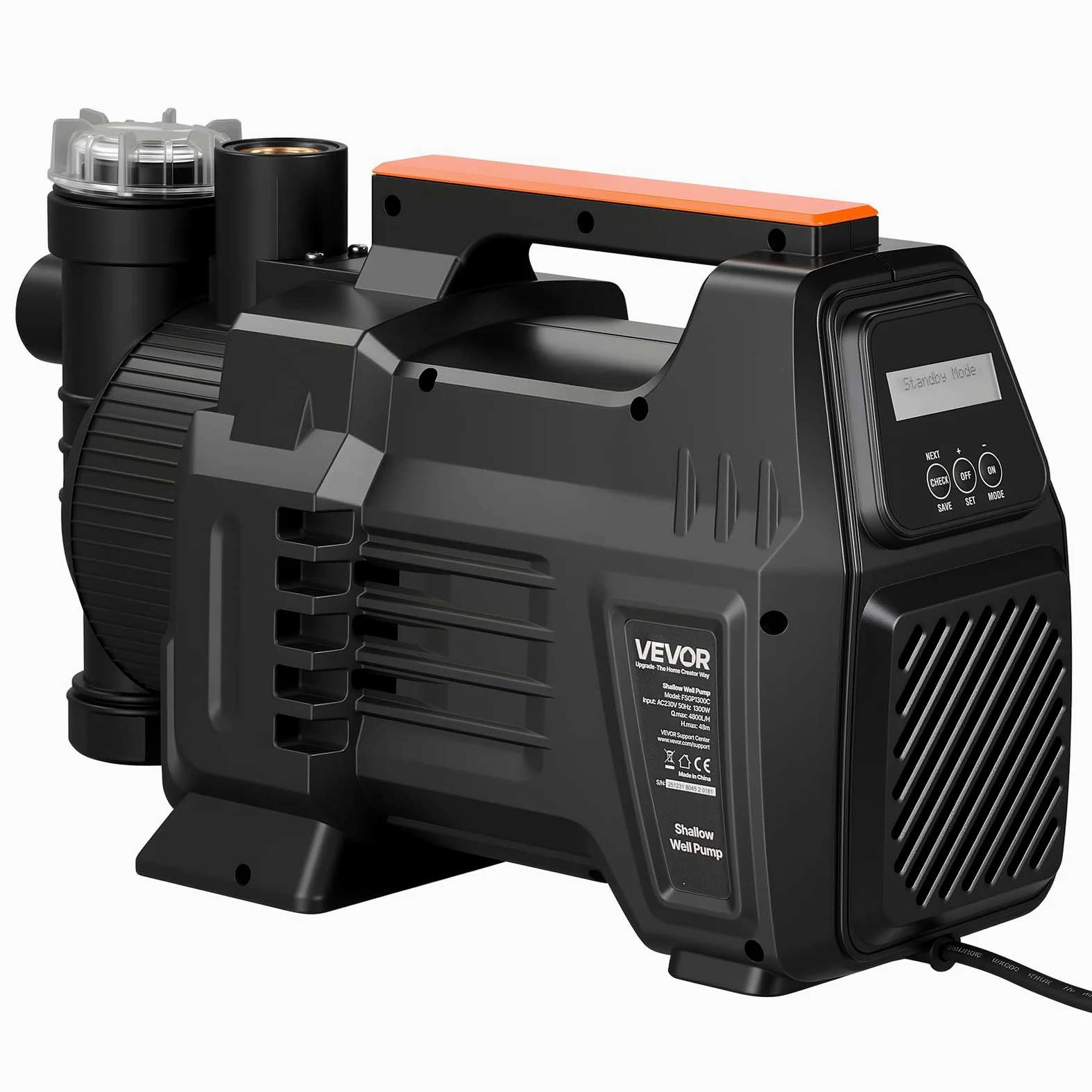 VEVOR Bomba de Chorro Electrónica de PP para Pozos Poco Profundos 1300 W 230 V, Caudal Máximo de 4800 L/h, Altura de Succión de 8 m, Control Electrónico Inteligente, para Riego de Jardines, Césped
