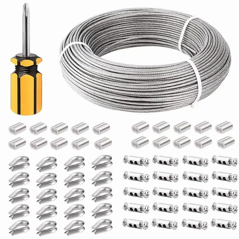 NEWFUN 100M Cable Acero, Cable Acero 3mm, Cable de Acero Inoxidable con Manguito de Engarce y Guardacabos Para Tensar Vallas, Cables de Suspensión de Lámparas de Exterior, Cables para Cortinas