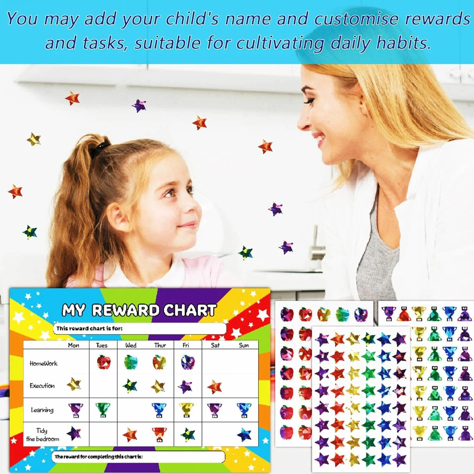 Tabla de Recompensas para Niños con Pegatinas, Sistema de Recompensas y Rutinas, Premiar Buenos Hábitos
