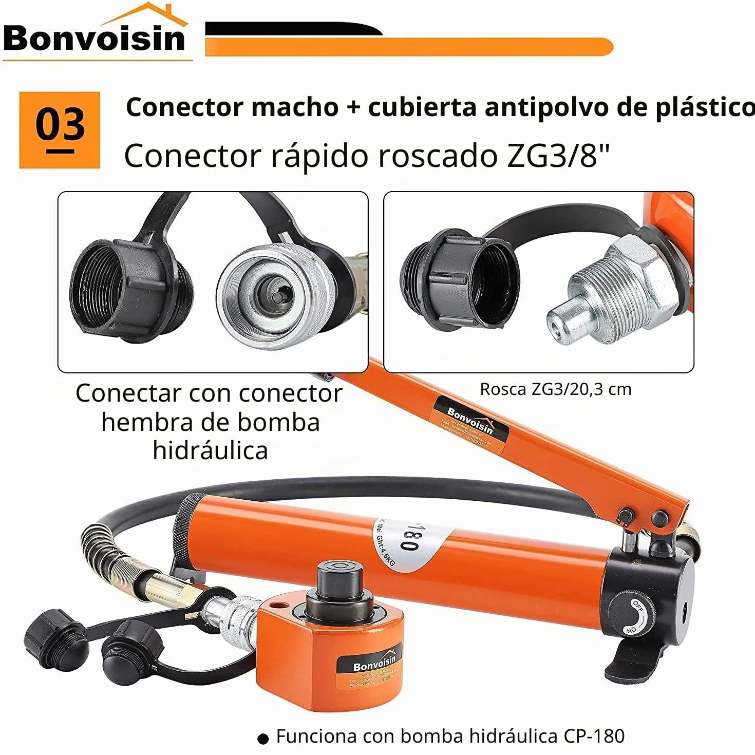 Bonvoisin 20T Gato Hidráulico con Bomba CP-180, Elevación 30mm, Altura Propia 57 mm, para Ingeniería Mecánica, Edificios y Puentes (DFPY-20T+CP-180)