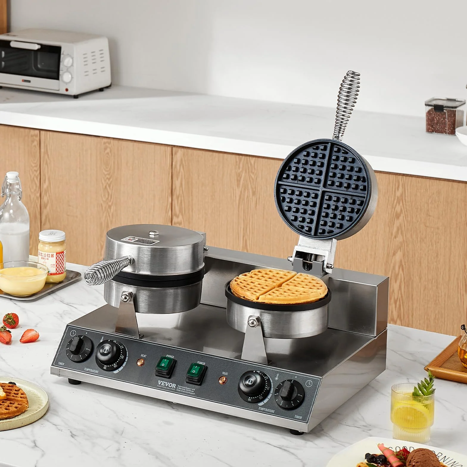 VEVOR Máquina para Hacer Gofres Comerciales, Doble Cabezal, Acero Inoxidable Antiadherente de 2460 W con Control de Temperatura y Tiempo, Asa, para Restaurantes, Familias y Bares, 500 x 470 x 260 mm