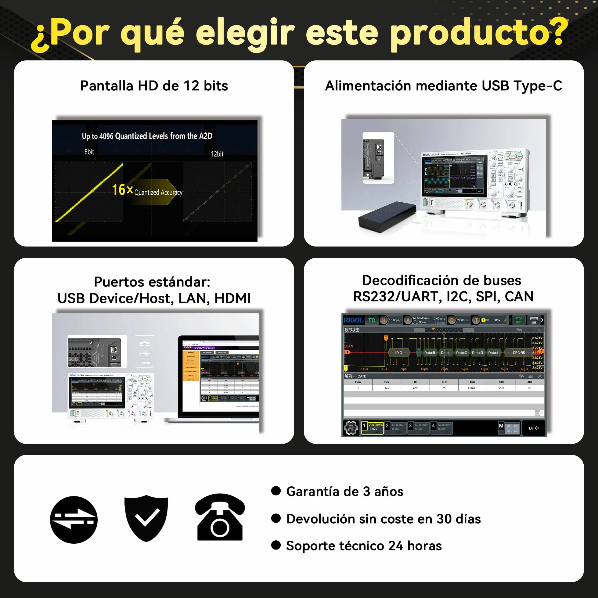 RIGOL Osciloscopio,DHO804 Osciloscopio Digital Portatil,70MHz,4A canal,Resolución de 12 bits,Pantalla táctil HD 7",compatible con batería externa,ideal para pruebas en campo y enseñanza