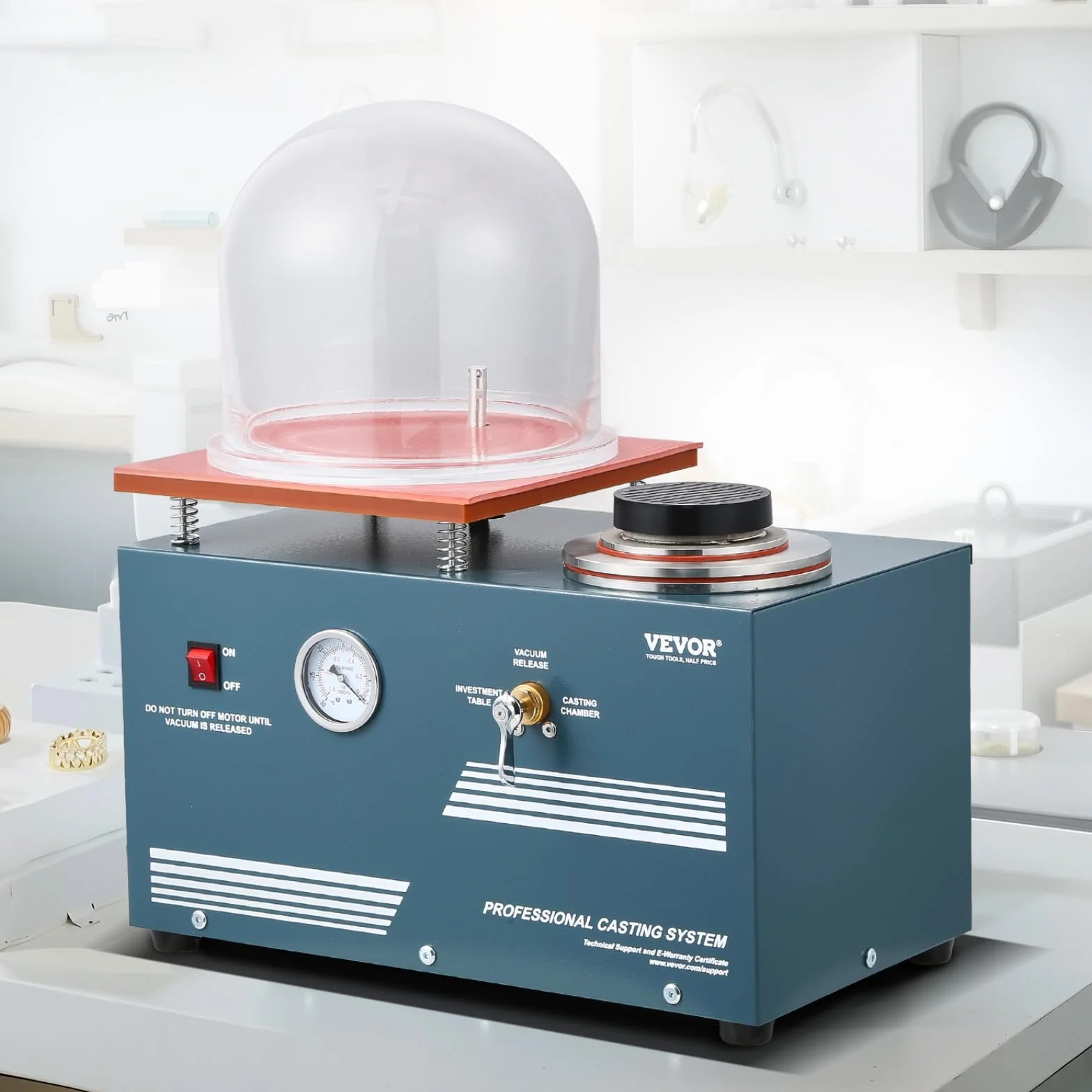 VEVOR 290 W Máquina de Fundición al Vacío con Bomba de 3 CFM y Campana de Cristal, Práctico Puerto de Inyección de Aceite, Manómetro de Precisión, Banco de Trabajo para Fundir Joyas y Chatarra