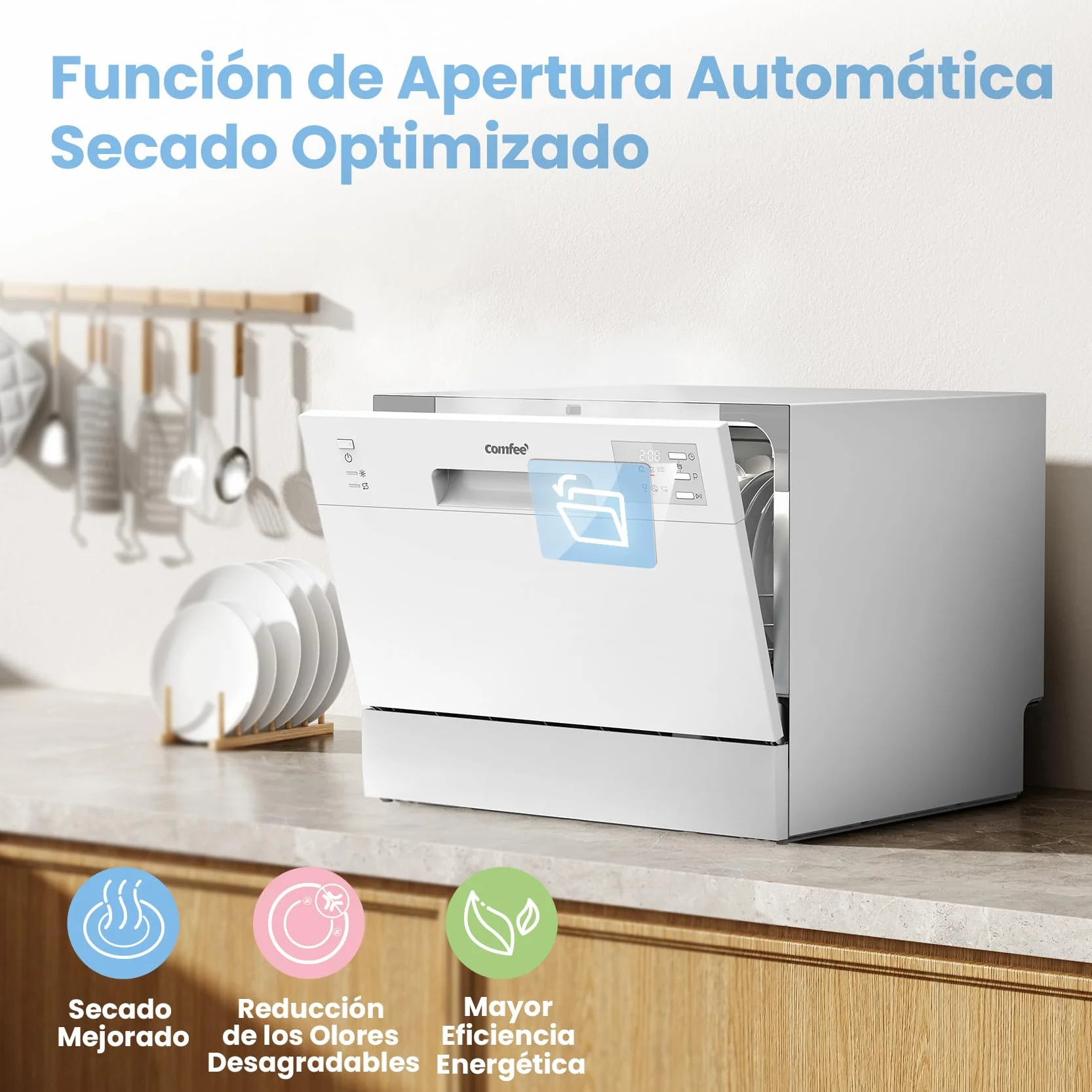 COMFEE' CDWMT0602EWD-EU Lavavajillas de Sobremesa Compacto 6 Cubiertos 6 Programas Clase D Pantalla LED 24H Inicio Diferido 70°C 47 dB Blanco