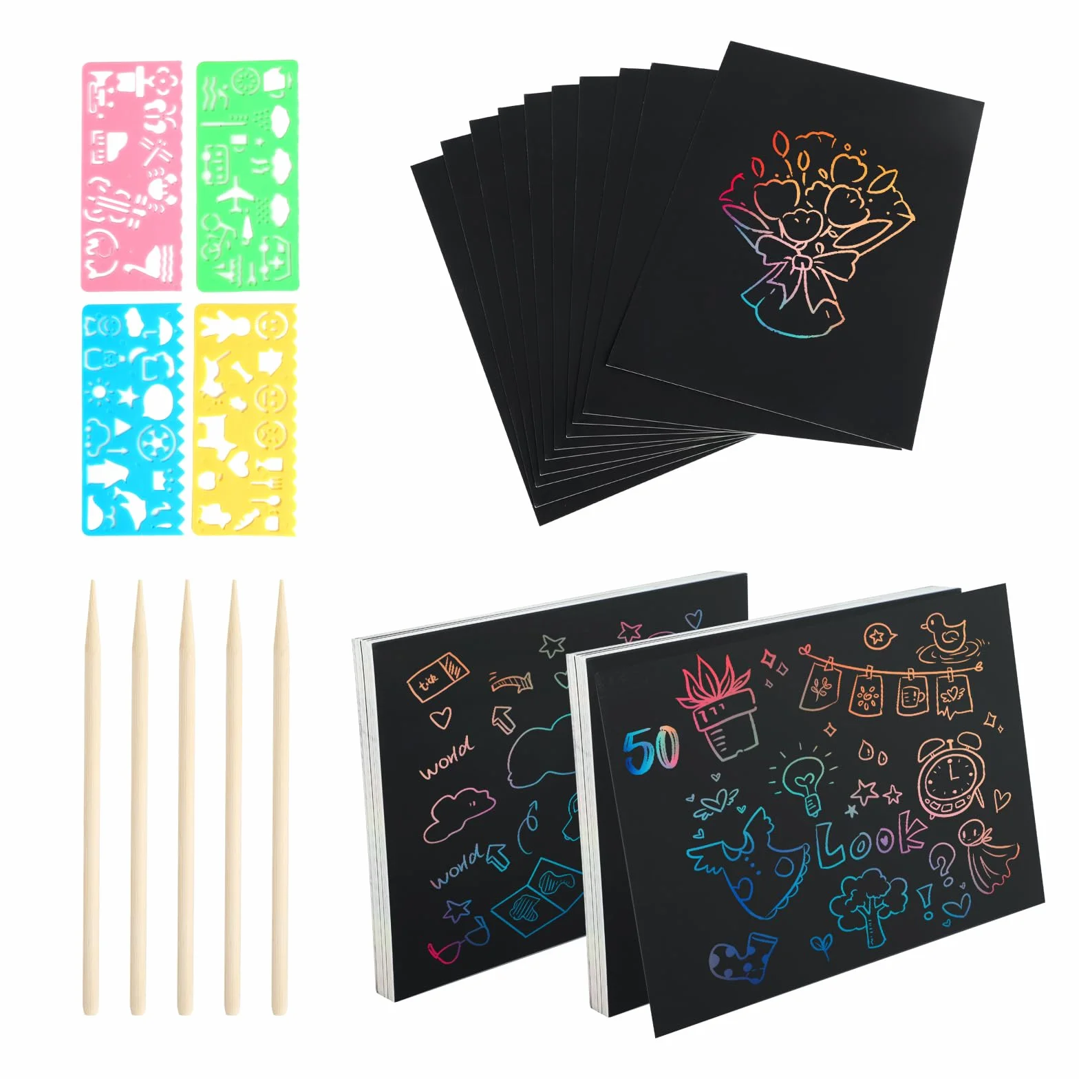 Rainbow Scratch Paper para niños – 50 hojas, 5 lápices, 4 plantillas, kit de dibujo DIY