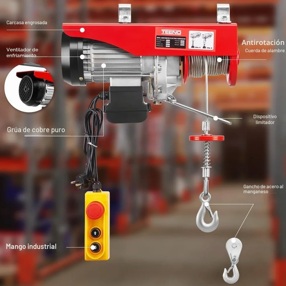 TEENO Polipasto Eléctrico Cuerda 1200 W 220V,Cabrestante Eléctrico 6m/12m de Altura de Elevación,Capacidad de carga 300-600 kg,Almacenes, Elevación de Mercancías,Rojo