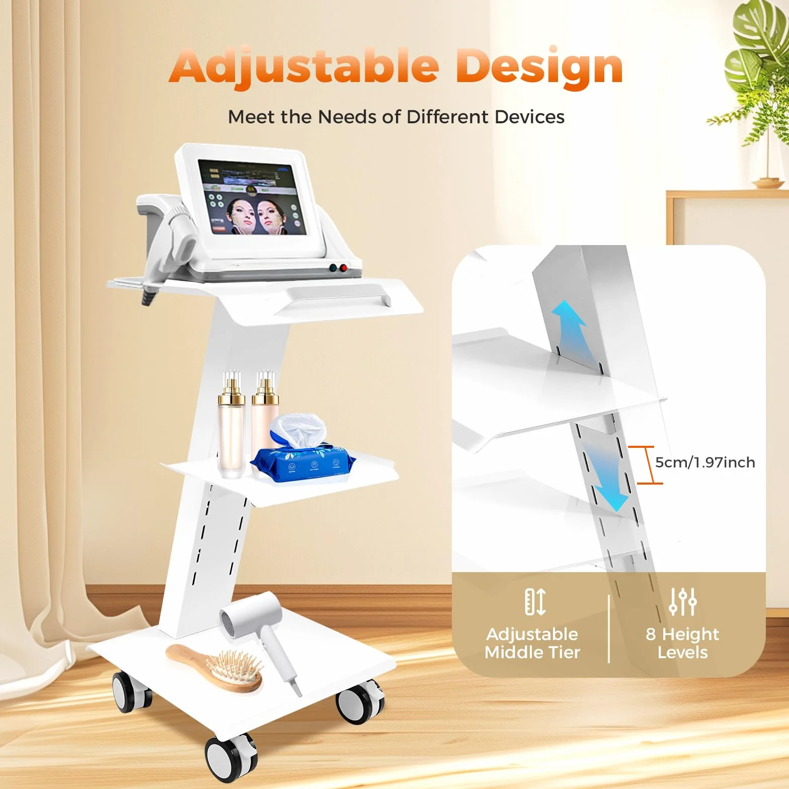 Carro multifunción portátil para Belleza/Medicina/Laboratorio 3 Niveles Capacidad de Carga 100kg 4 Ruedas con Freno 3 enchufes (110V-220V) 41 x 36 x 77 cm