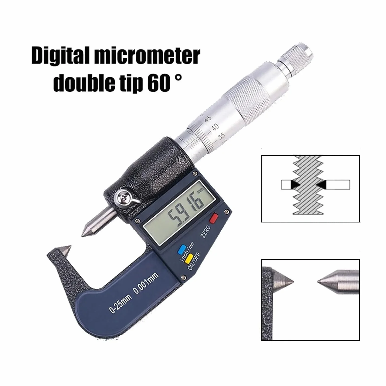 Herramientas de medición 0-25 mm 0,001 Micrómetro digital doble punta exterior Micrómetros electrónicos con carburo Fácil de leer