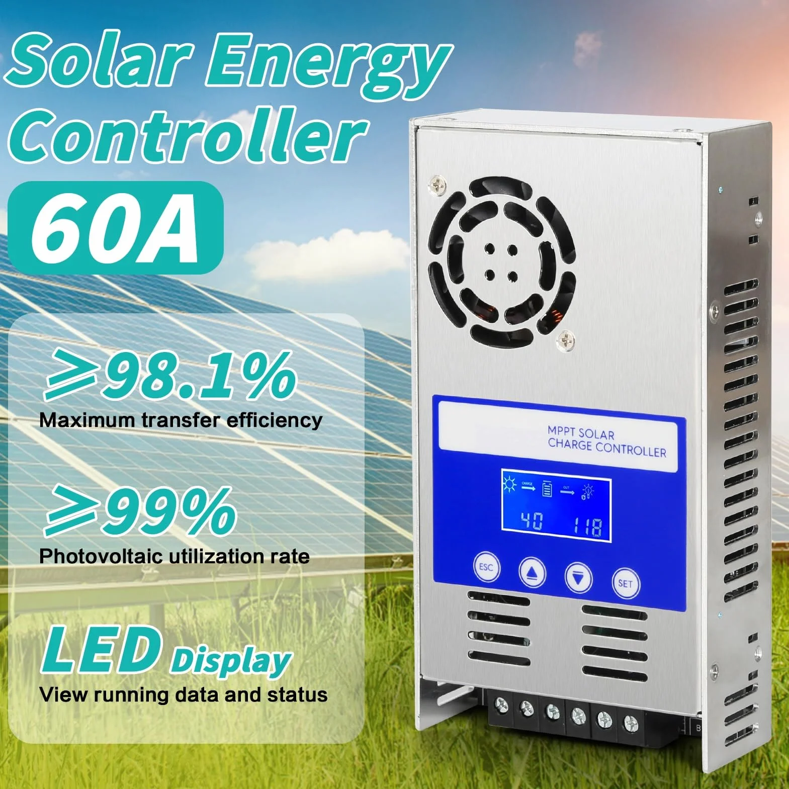 Jadeshay Regulador Solar, 60A Controlador de Carga Solar 12V 24V 36V 48V Auto Detección MPPT Regulador de Carga Solar Ajustable Entrada Máxima 180V para Baterías AGM GEL de Plomo y Litio