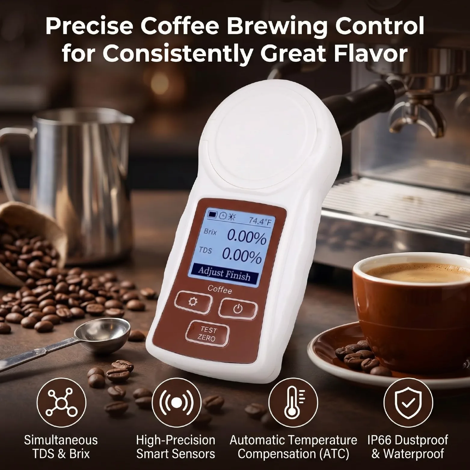 Garsent Refractómetro Digital TDS con Medidor ATC de café Brix 0-22% ±0,2% Recargable para Extracción de café, Probador de Triple Parámetro con Sensor de Alta Precisión, Temperatura Automática