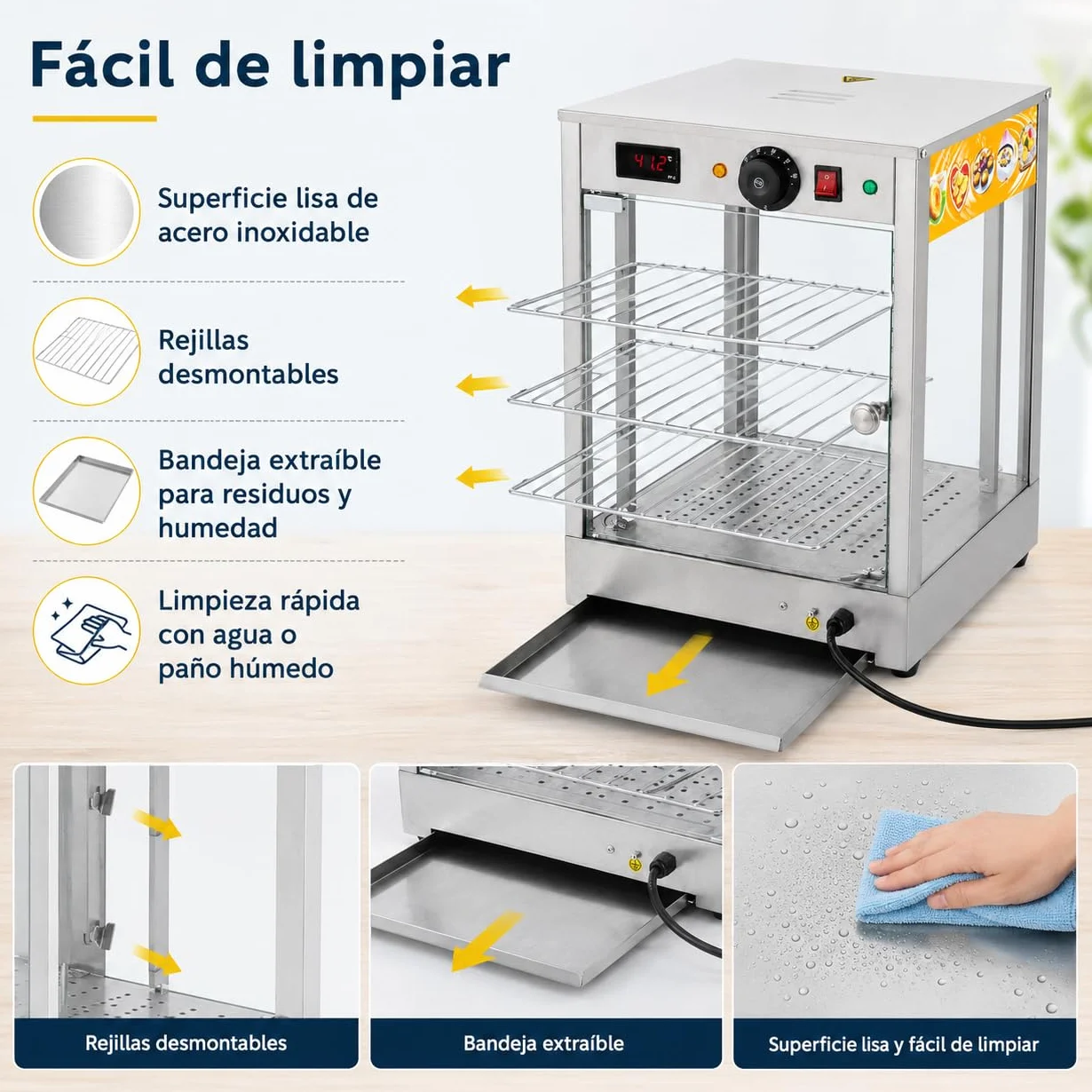 800 W - Vitrina para mantener el calor (3 niveles, 30-85 ℃, con función termostática, 220 V, 37,5 x 35,7 x 47,5 cm)