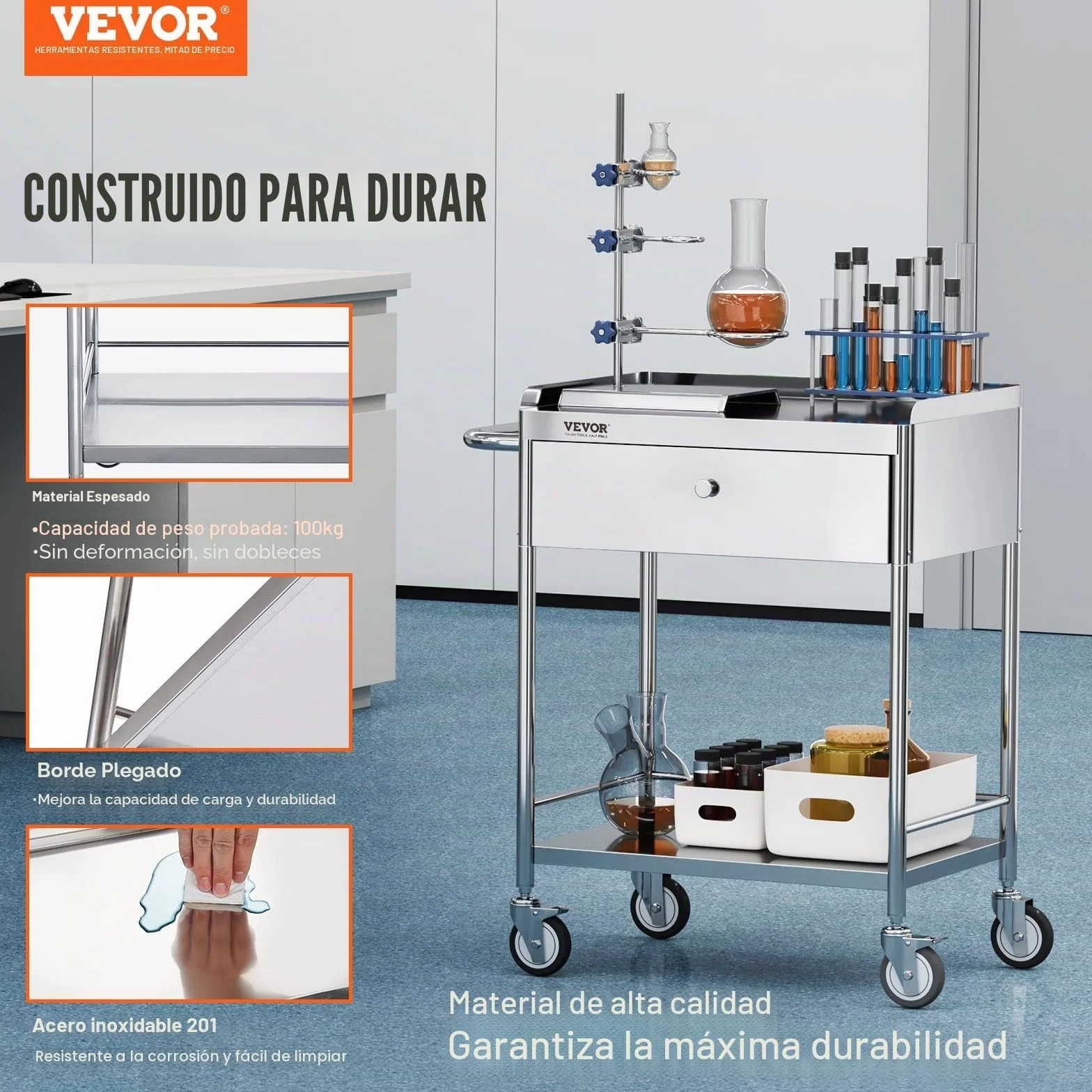 VEVOR Carro de Laboratorio de Acero Inoxidable 2 Niveles Carrito de Médico 71x42x78,5 cm Carro con Cajón Carga de 100 kg Movimiento Silencioso para Almacenamiento Clínico Cocina Hotel Salón de Belleza