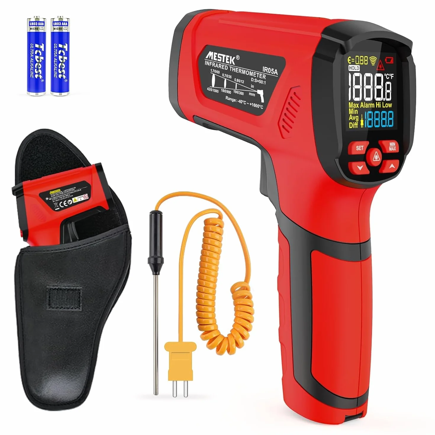 MESTEK Termómetro Infrarrojo Láser -40℃~1600℃ Pistola de Temperatura Sin Contacto Pantalla LCD a Color Ajuste Emisividad