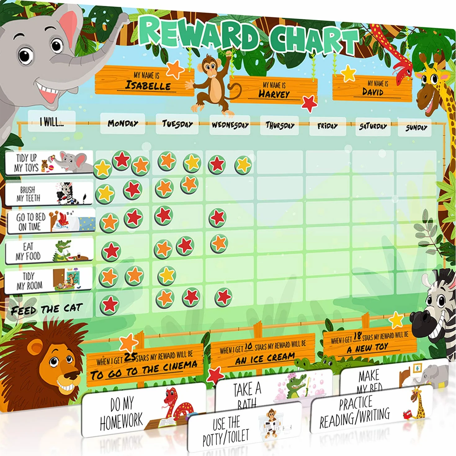 Tabla de recompensas para niños Calendario de estrellas magnético animales safari Pizarra infantil fomenta buen comportamiento personalizable Luigi’s