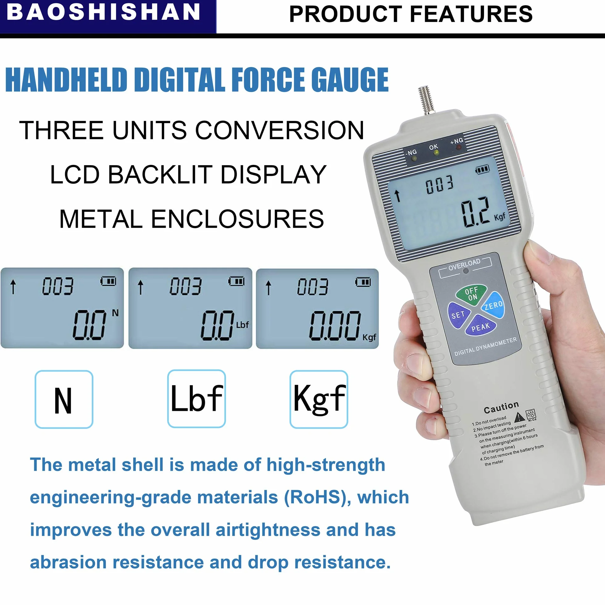 BAOSHISHAN Medidor de Fuerza Digital Indicador de Fuerza 50N/11Lbf (Kgf/Lbf/N) Dinamómetro Embuje y Tracción Interfaz USB RS232 para Fuerza de Laboratorio Prueba Destructiva