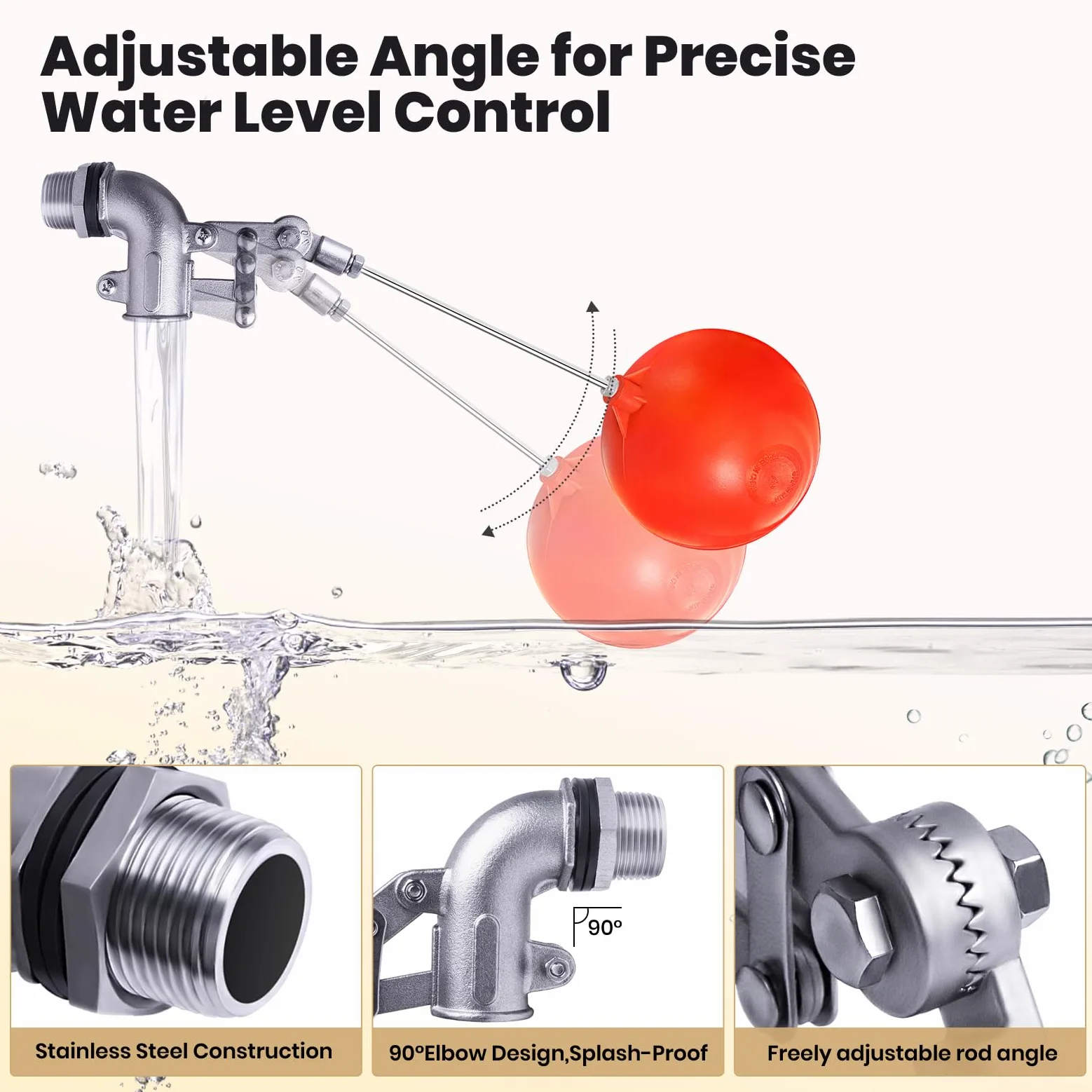 Válvula flotante de acero inoxidable de 3/4 pulgadas para tanque de agua, diseño resistente con varilla de ángulo ajustable para un control preciso del nivel de agua, incluye bola flotante de 6