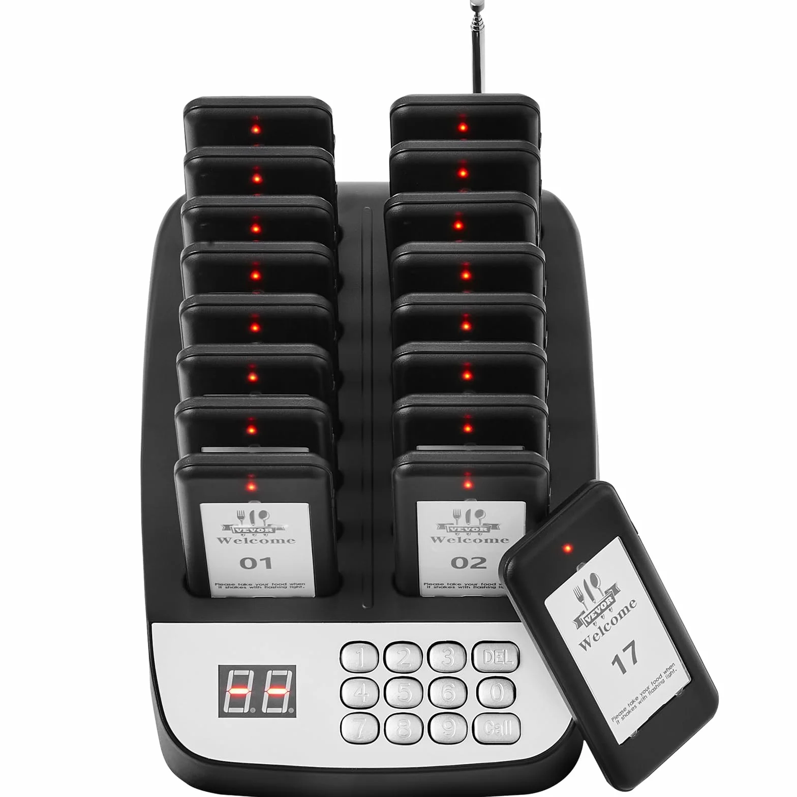 VEVOR Sistema de Buscapersonas para Restaurante Señal de Cola Inalámbrica Alcance de 500 m Zumbador de Llamada de Cliente con Vibración e Intermitente 16 Zumbadores para Restaurante, Cafetería, Tienda