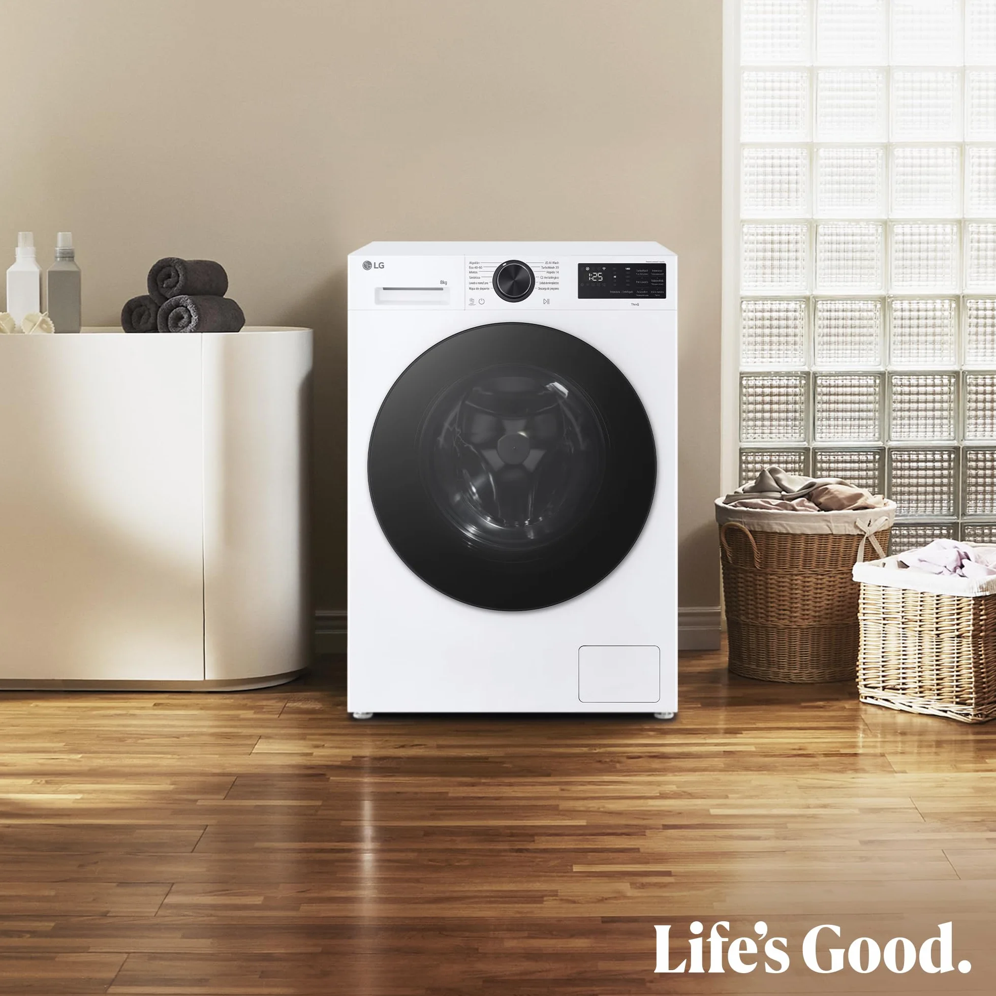 LG Lavadora Inteligente 9 kg AI Direct Drive TurboWash 360º 1200 rpm Fondo Reducido Vapor Steam Motor Inverter Display LED Serie 500 Blanco
