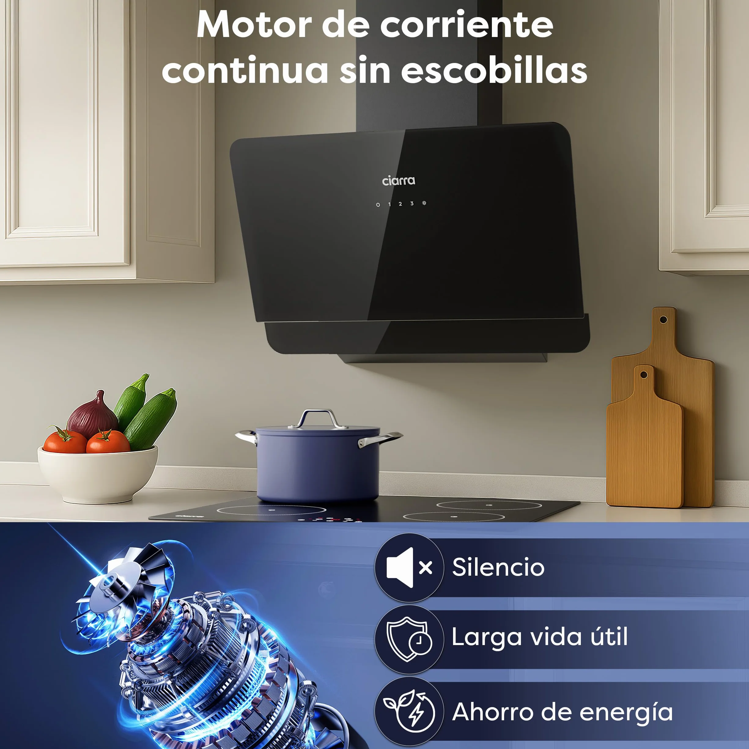 Ciarra CBCB6765C Campana de Pared Inclinada 60 cm 580 m³/h Clase A+ Control Táctil Panel de Cristal Negro
