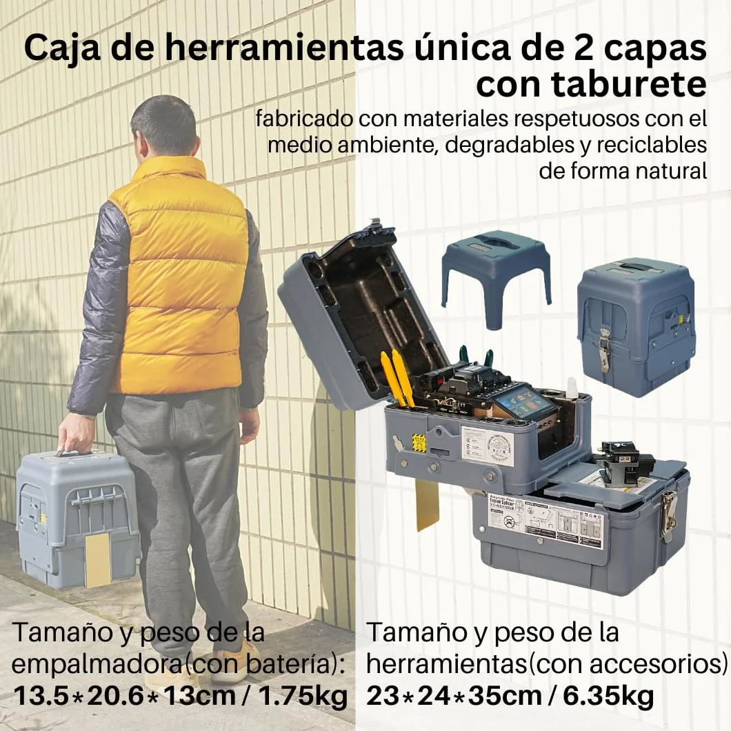 SD-9 Fusion Splicer Empalmadora de Fibra Optica con OPM y VFL Rápida 5s de Empalme y 11s de Calentamiento, fusionadora Core Alignment 6 Motores con Batería 7200mAh para Proyectos FTTx FTTH