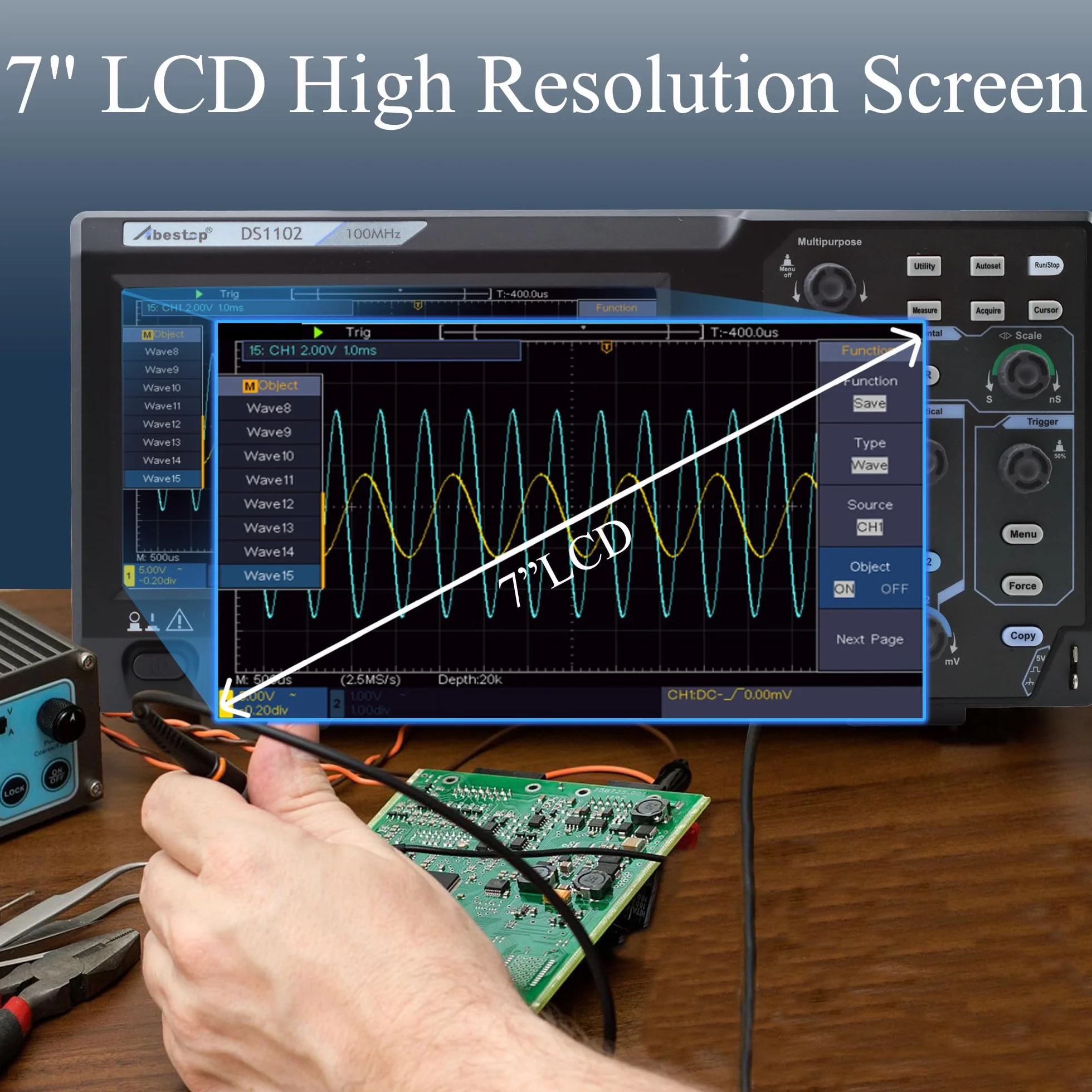 Osciloscopio de escritorio de 100MHz, osciloscopio de memoria de dos canales con pantalla TFT-LCD de 7", osciloscopio digital portátil ligero (DS1102)