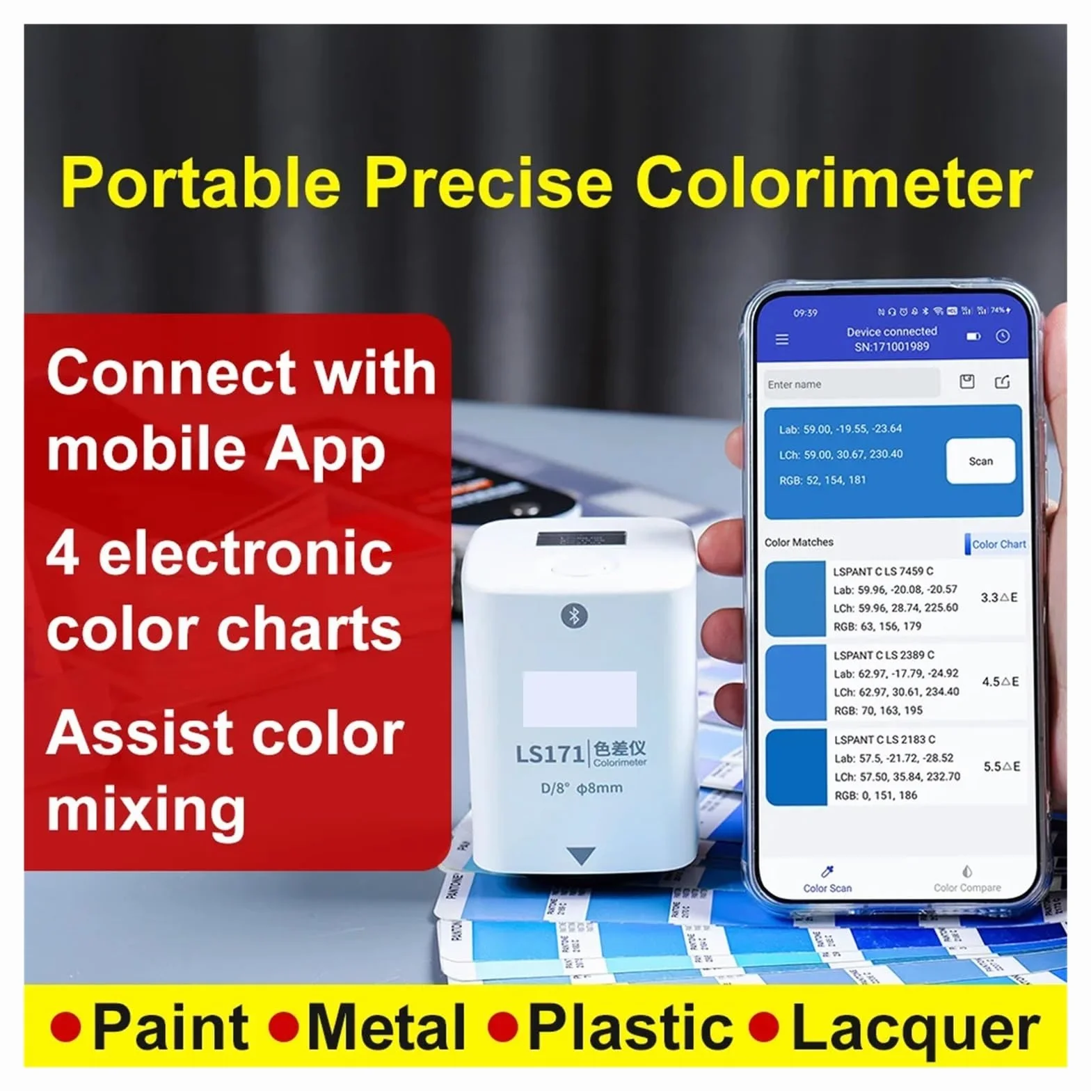 Colorímetro Digital LS171 D/8 NCS RAL Pantone Bluetooth para Plástico