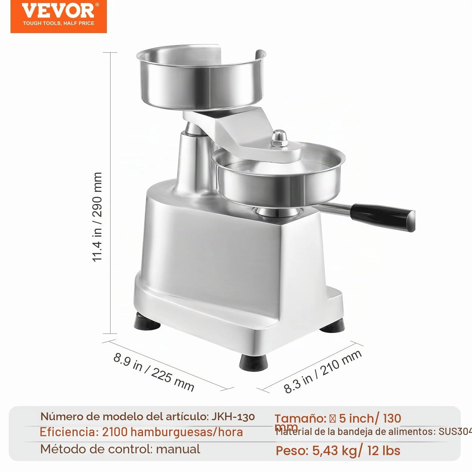 VEVOR Máquina de Hamburguesas Comercial Máquina de Prensa de Hamburguesas 130 mm Prensa de Hamburguesas de Acero Inoxidable para Formar Carne 1000 PCS de Papel para Hamburguesas Prensa de Hamburguesas