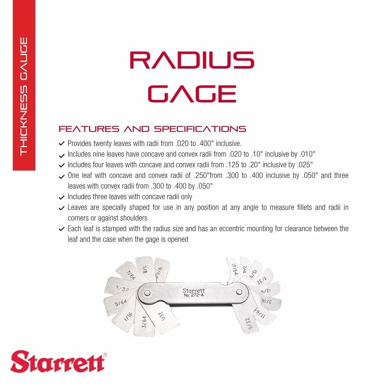 Starrett Filete de lectura calibre de radio 0,020-0,400 pulgadas 20 hojas