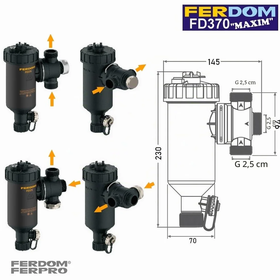 FERDOM FD370 MAXIM 1" (DN25) Filtro Magnético/Hidrociclón Para Sistemas De Calefacción. Imán 11000Gs. Separador De Partículas No Magnéticas - Acero Inoxidable 1000µm. Máx.50kW. 3 conexiones/rotación a