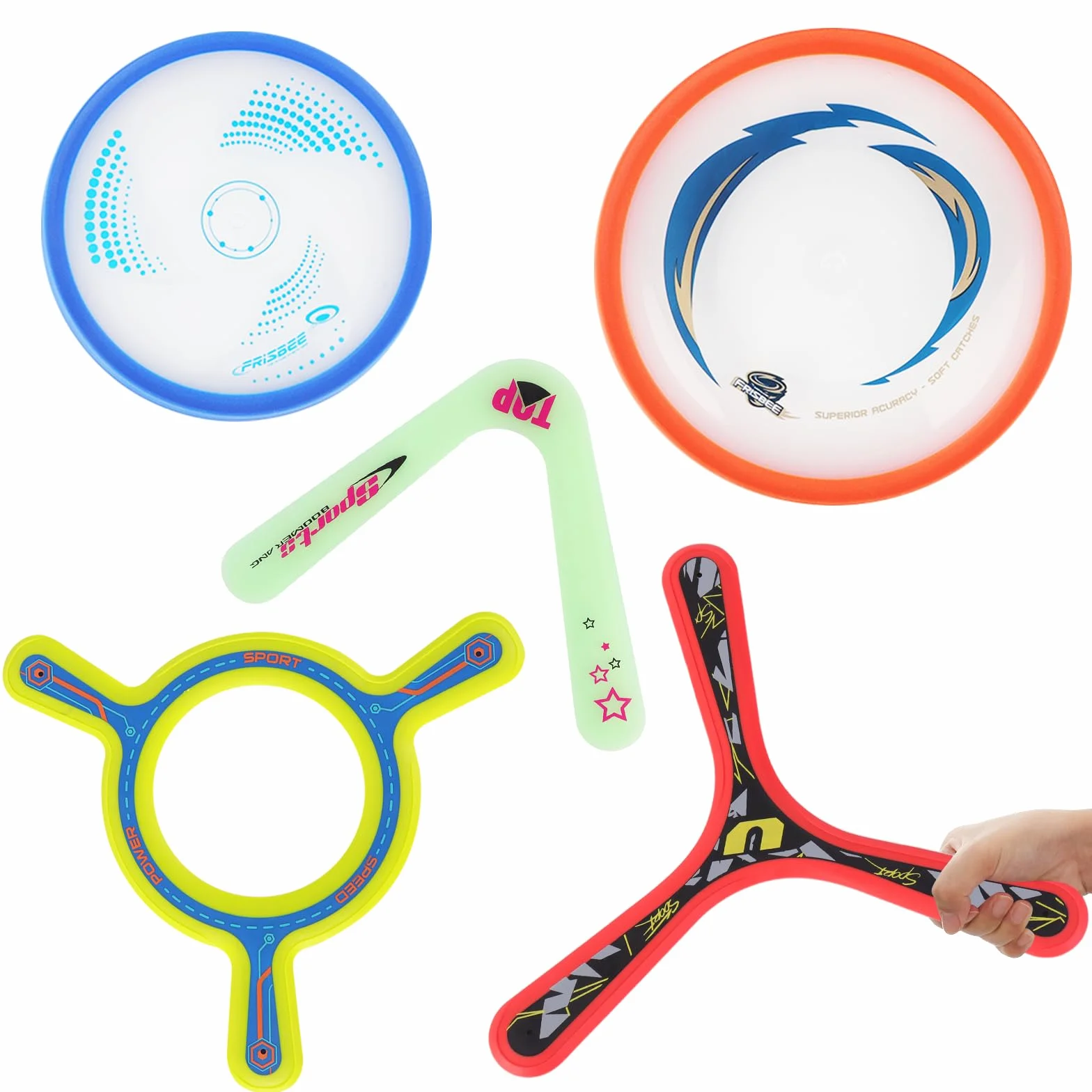 deAO Boomerang 5 Piezas Bumerán Clásico Brilla Oscuridad Volador Aire Libre Juguete Niños Adultos