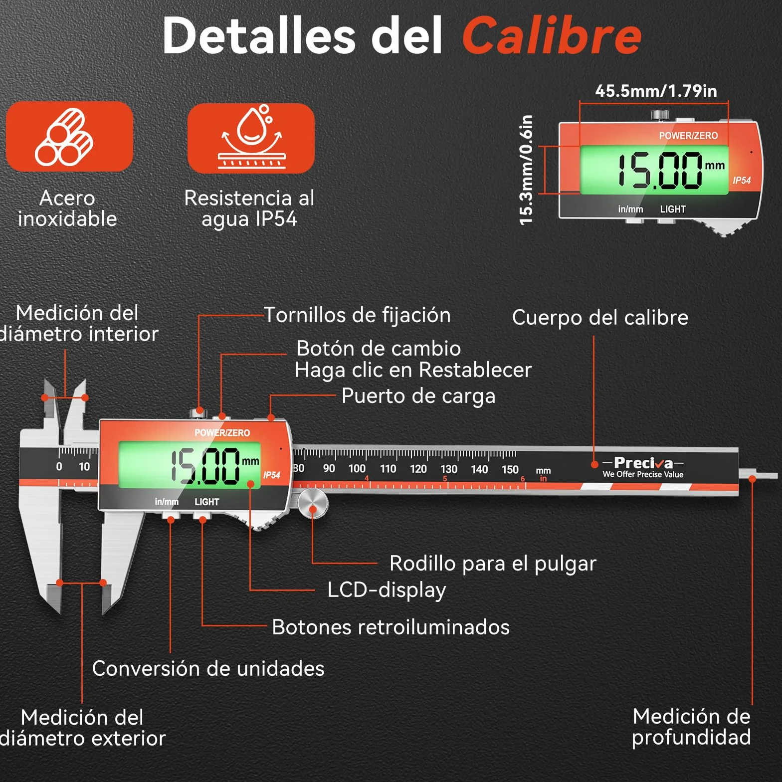 Preciva Calibre Digital Recargable Pie de Rey Electrónico Pantalla LCD Retroiluminada Acero Inoxidable Micrómetro Preciso USB