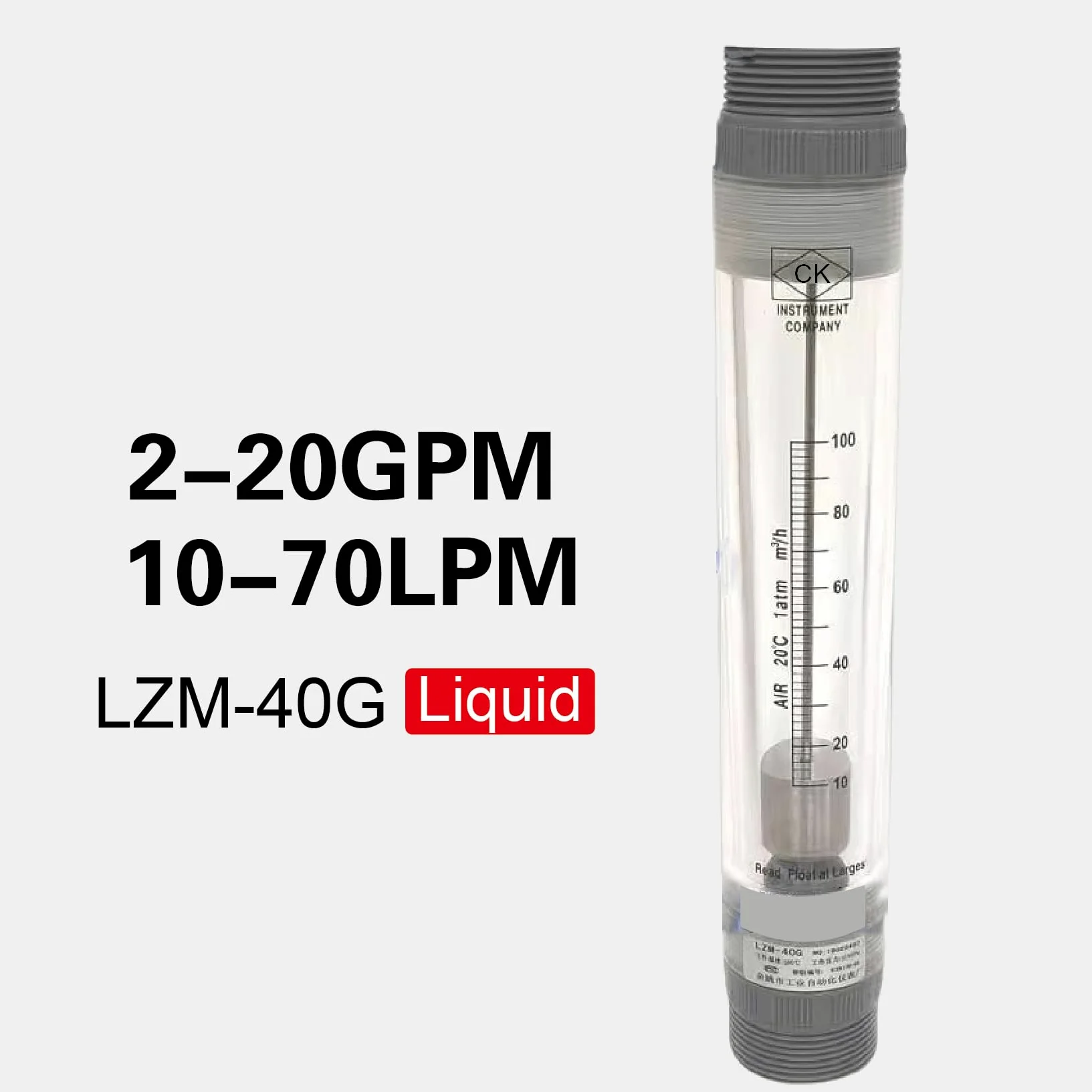 Medidor de caudal de agua, Medidor de flujo rotámetro LZM-40G, medidor de flujo de tubería acrílica for agua pura, gas líquido, industrial, mecánico ajustable(2-20GPM 10-70LPM)