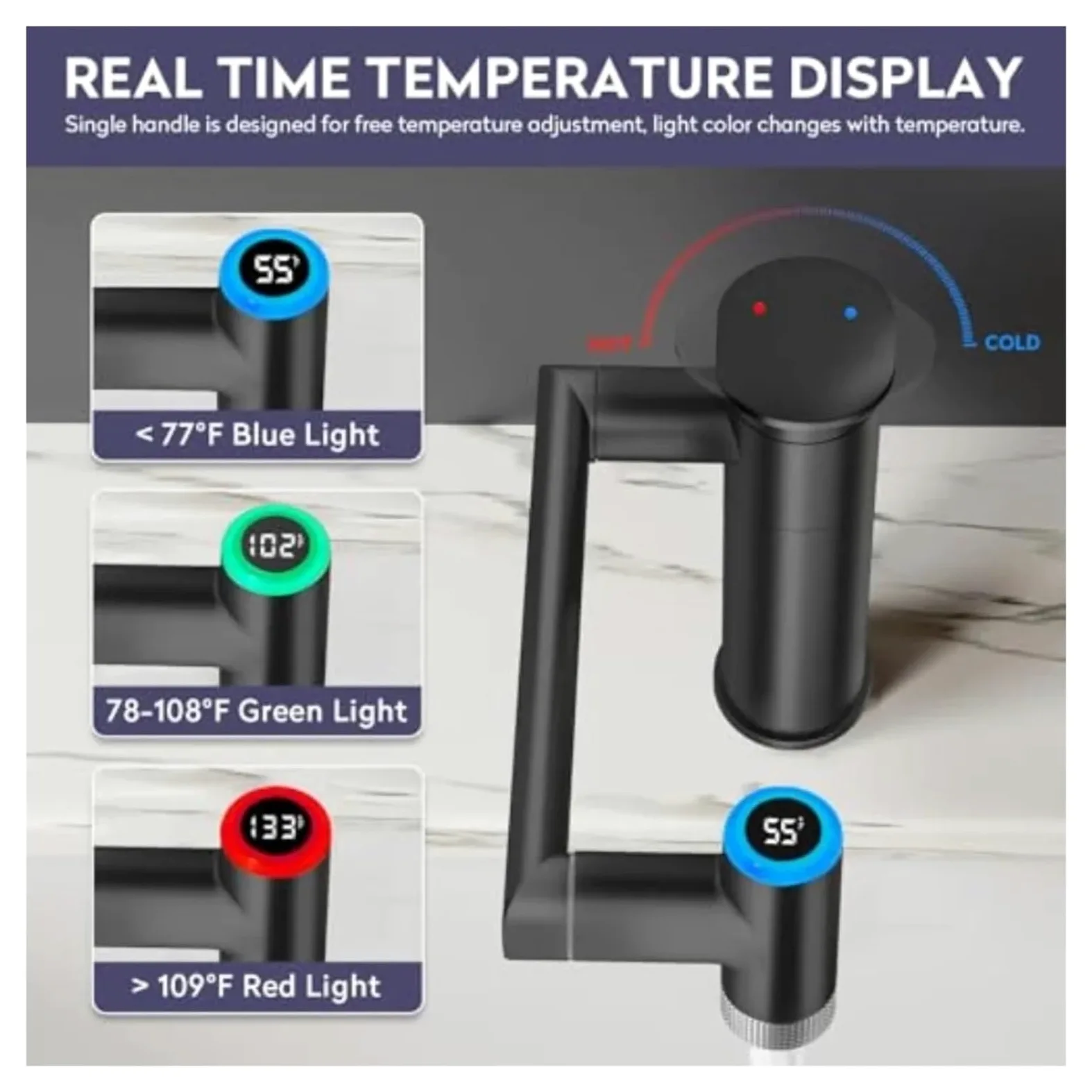 Grifo giratorio para baño 1080, mezclador de lavabo altura ajustable con pantalla LED temperatura,Seguro y Confiable(Chrome)