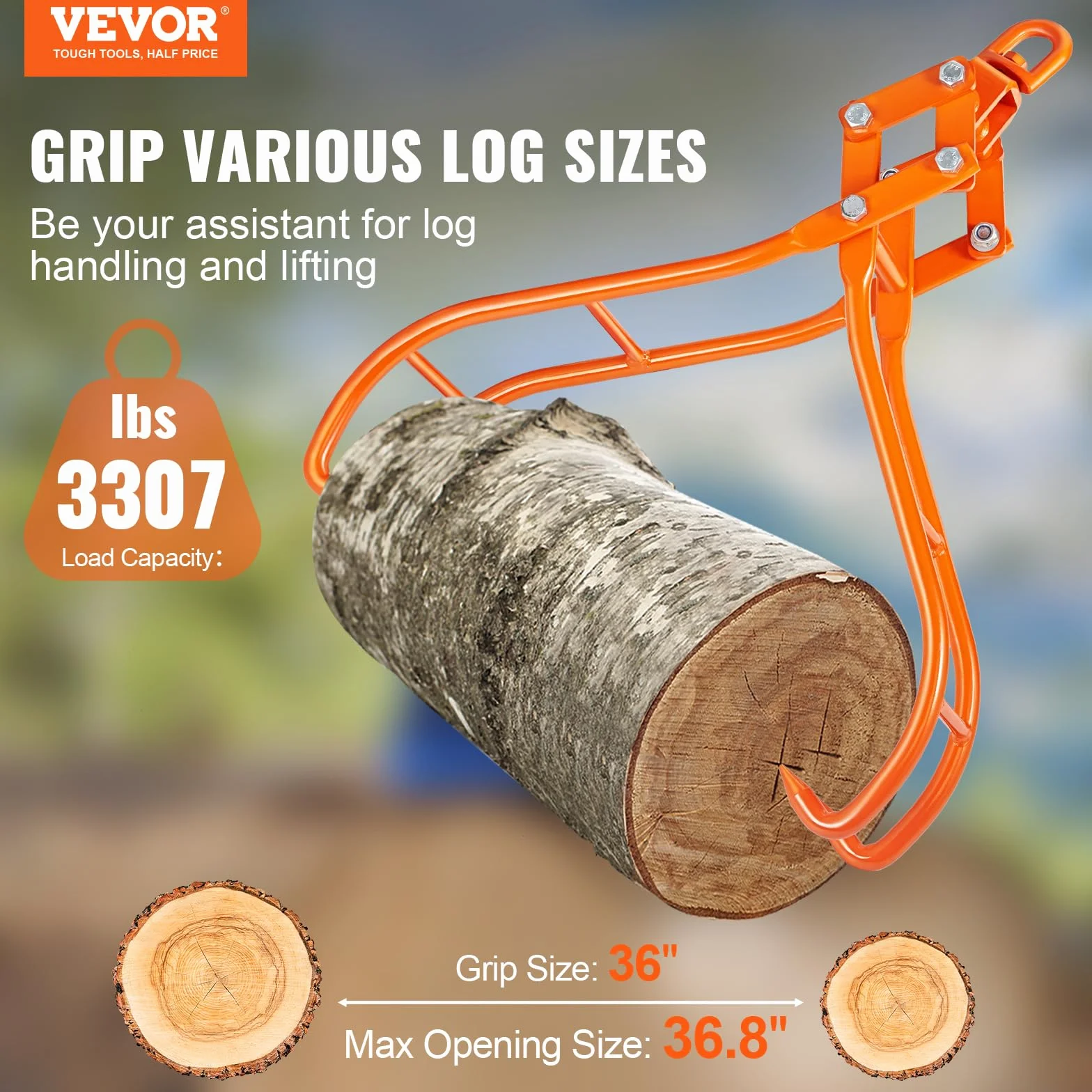 VEVOR Abrazadera Forestal para Troncos 914,4 mm Abrazadera de Elevación para Troncos de Madera Ganchos 4 Garras Giratorias Carga de 1500 kg Abrazadera de Acero para Tractores ATV Camiones Carretillas