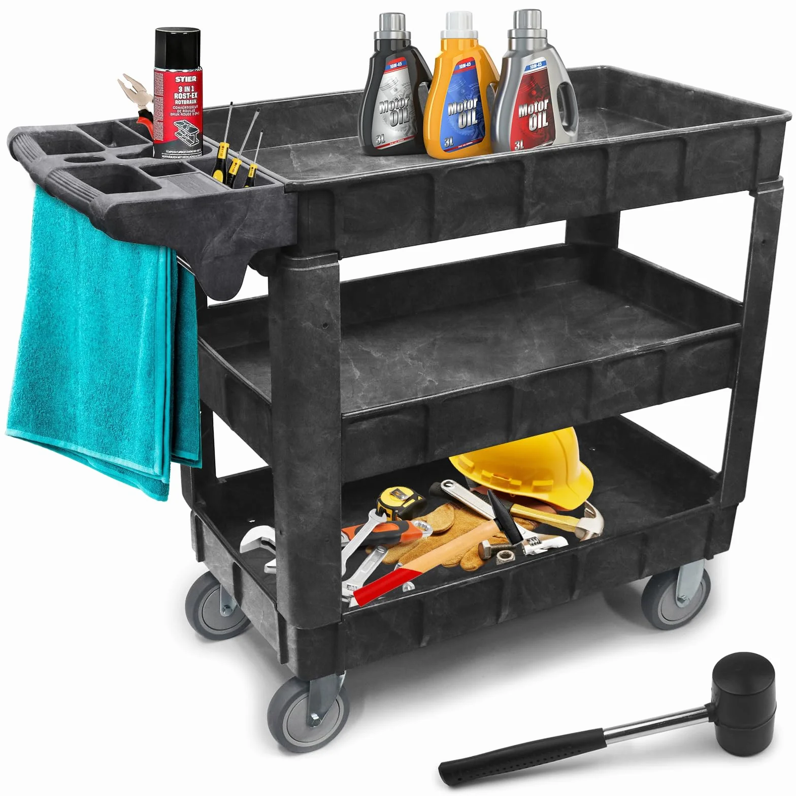 Carro de Taller de 3 Niveles (103×44×85 cm), Capacidad 250 kg – estantes Ajustables, Ruedas giratorias y Mango con Compartimentos – mazo de Goma Incluido