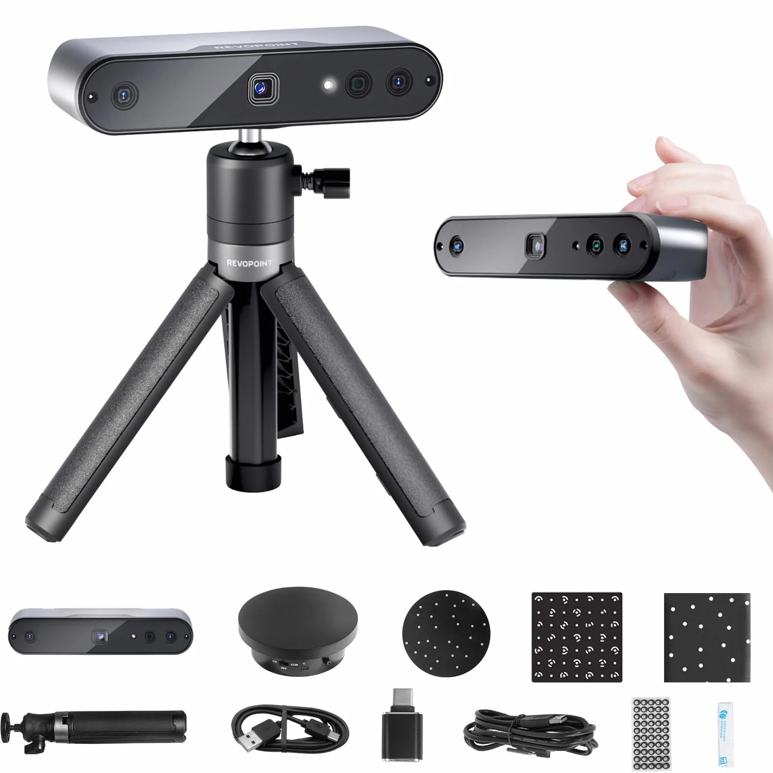 Revopoint Escáner 3D Inspire para impresión 3D, precisión de 0,2 mm, velocidad de escaneo de 18 FPS, modelo 3D portátil, escaneo estable con IMU, escáner 3D de infrarrojos con plato giratorio