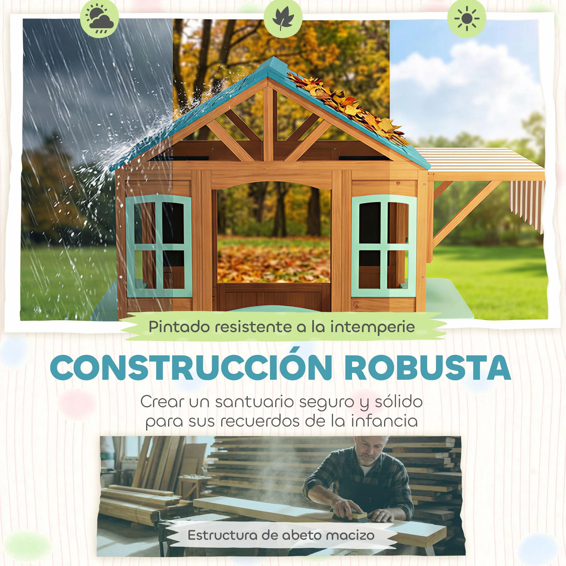 AIYAPLAY Casita Infantil Madera Exterior Interior con Barra Snack Maceteros Pizarra Ventanas Tela Tiro Pelotas Jardín Niños 3-6 Años Multicolor