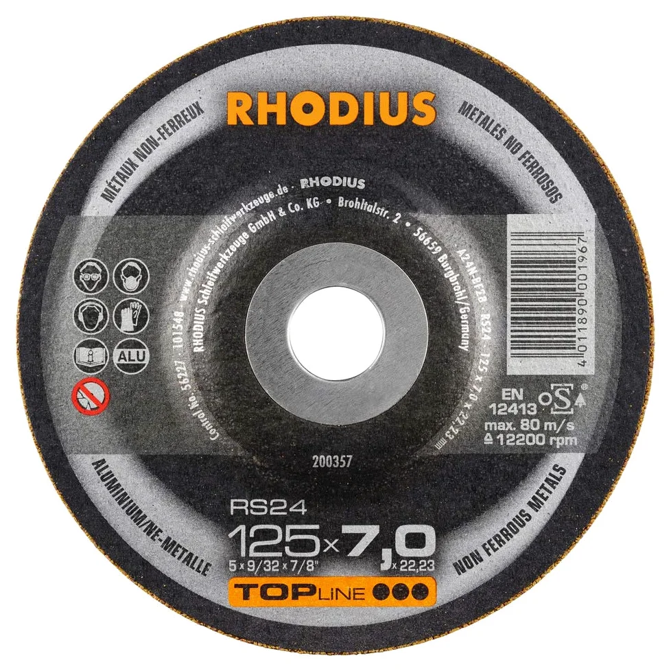 Rhodius RS24 - Discos de desbaste (125 x 7,0 mm, para metales de aluminio/NE, 25 unidades)